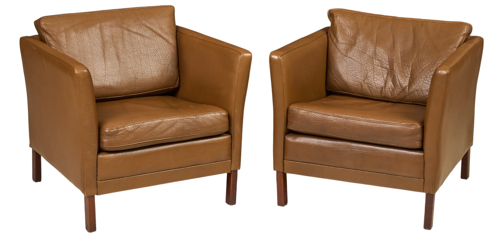 Pair of Danish Mid-Century Armchairs: Pair of Danish mid-century brown leather armchairs height 28 in. x width 25.5 in. x depth 29.5 in. 