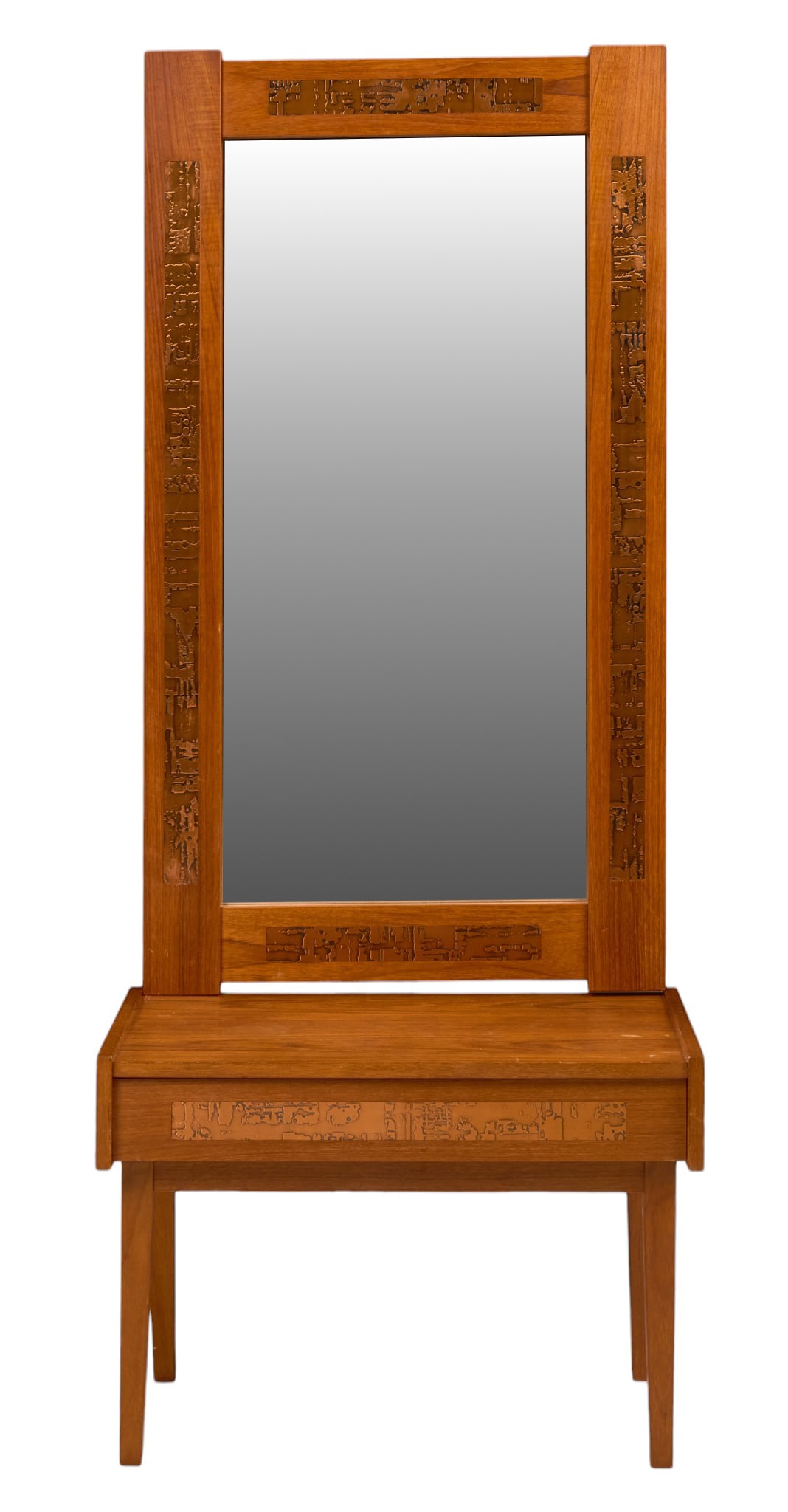 Danish Mid-Century Mirror and Console: Danish mid-century console table with mirror, featuring copper accents, raised on pin legs height 61.5 in. x width 25.5 in. x depth 13 in.
