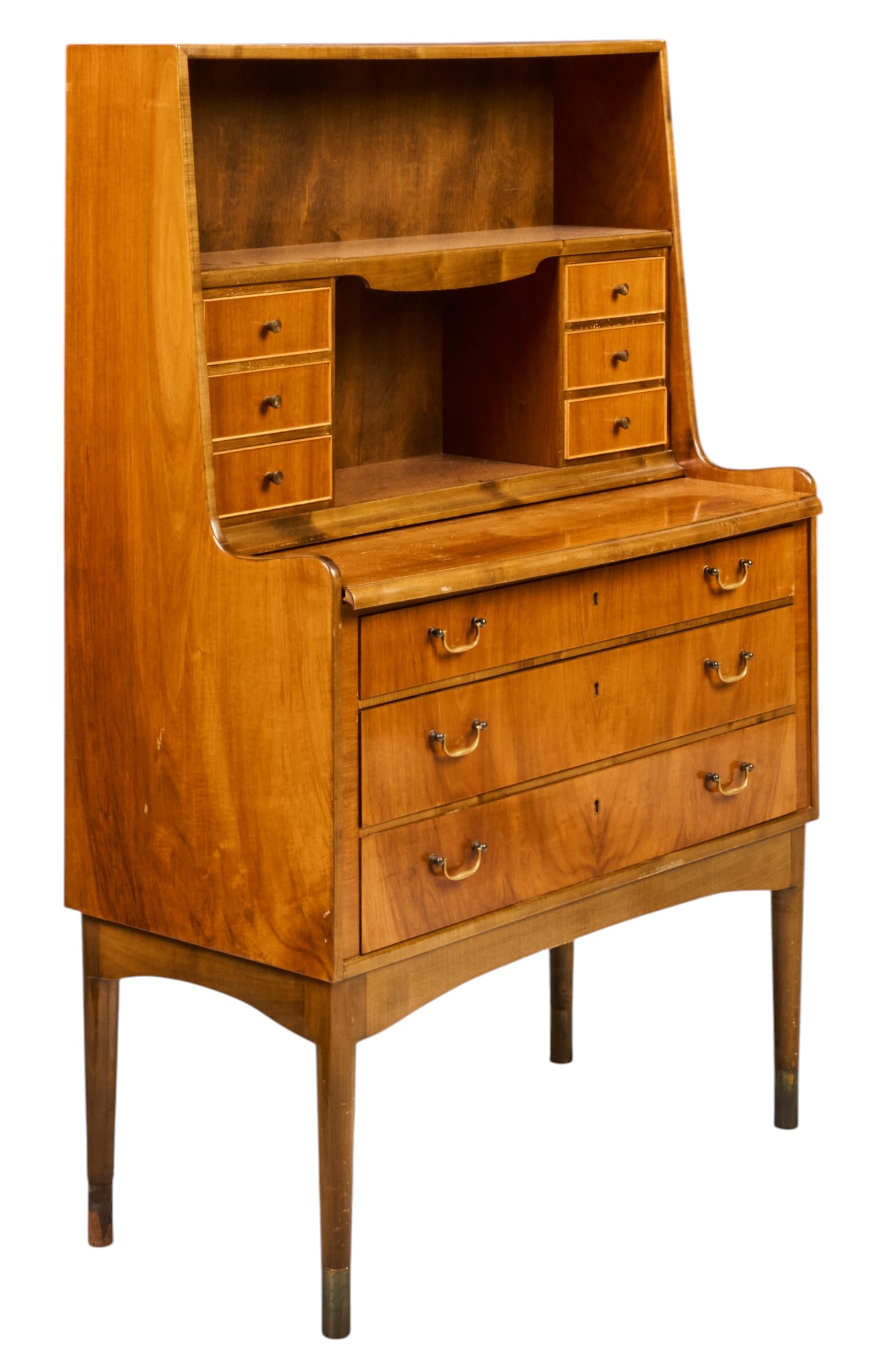 Danish Mid-Century Secretary: Danish mid-century secretary with fitted storage above extending writing surface above lower three drawers, supported on pin legs height 52 in. x width 34.5 in. x depth 17 in. extended