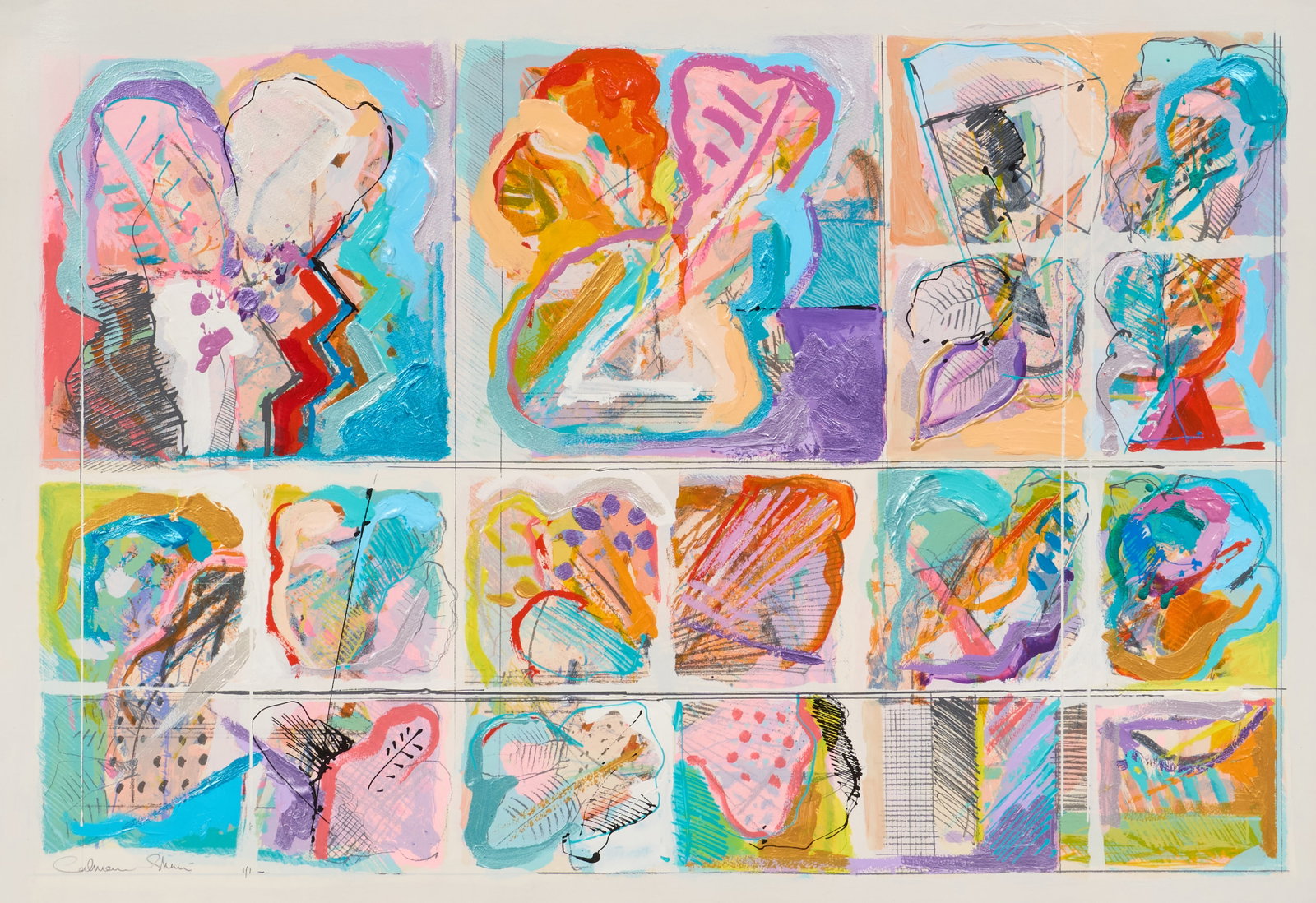 Calman Shemi, "Flowers in My Window": Calman Shemi (Argentina / Israel, b. 1939), "Flowers in My Window", monotype (1/1), signed and numbered lower left sight: 29 x 42 in., frame: 34 x 47 in. Provenance: Property from a