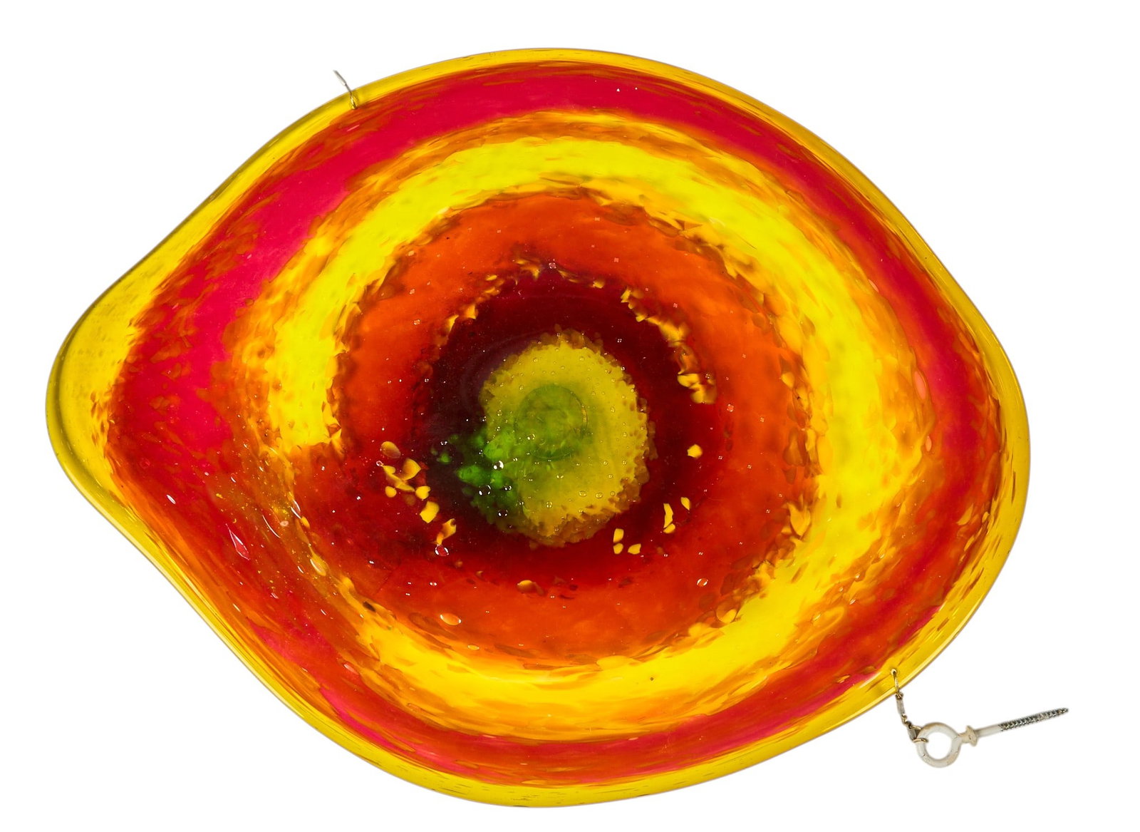 Garcia Art Glass, Red and Yellow Charger: Garcia Art Glass (Gini Garcia, San Antonio, Texas), hand-blown art glass charger with red and yellow spiral, with gallery sticker on the underside height 21.5 in. x width 16.5 in. x depth 1 in.