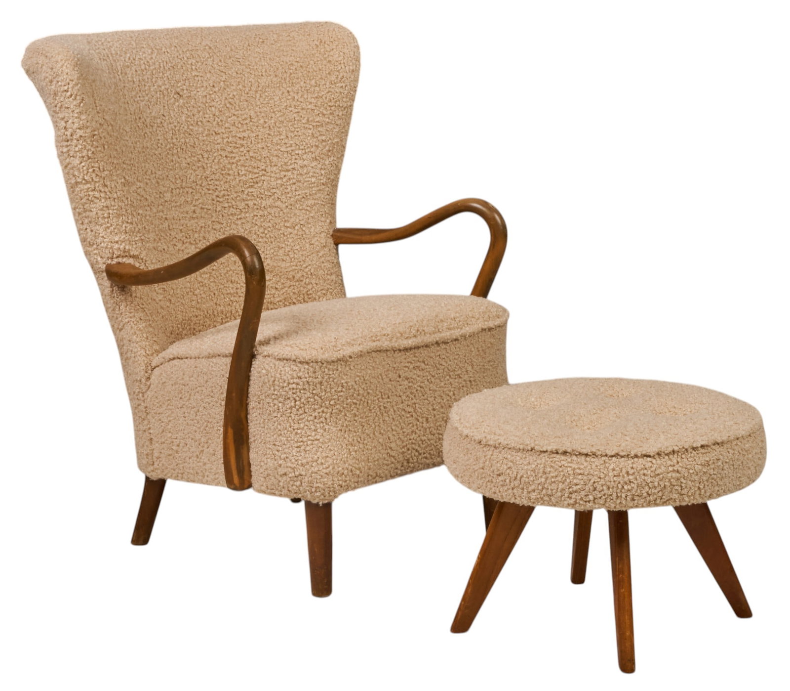 Alfred Christensen, Danish Mid-Century Lounge Chair and Ottoman: Alfred Christensen (1890-1962) for Slagelse Mobelvaerk, Danish mid-century highback lounge chair and ottoman, with textured bouclé upholstery and wooden legs height 37 in. x width 30 