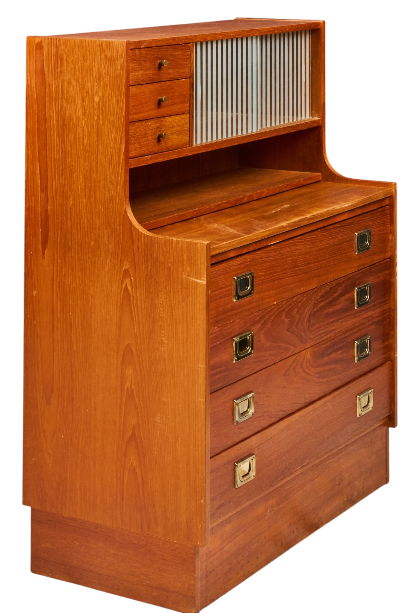 Danish Mid-Century Teak Secretary Chest: Danish mid-century teak secretary chest, upper section with three small drawers and tambour door, fall-front writing surface above four graduated drawers with brass campaign-style pulls height 44 in.
