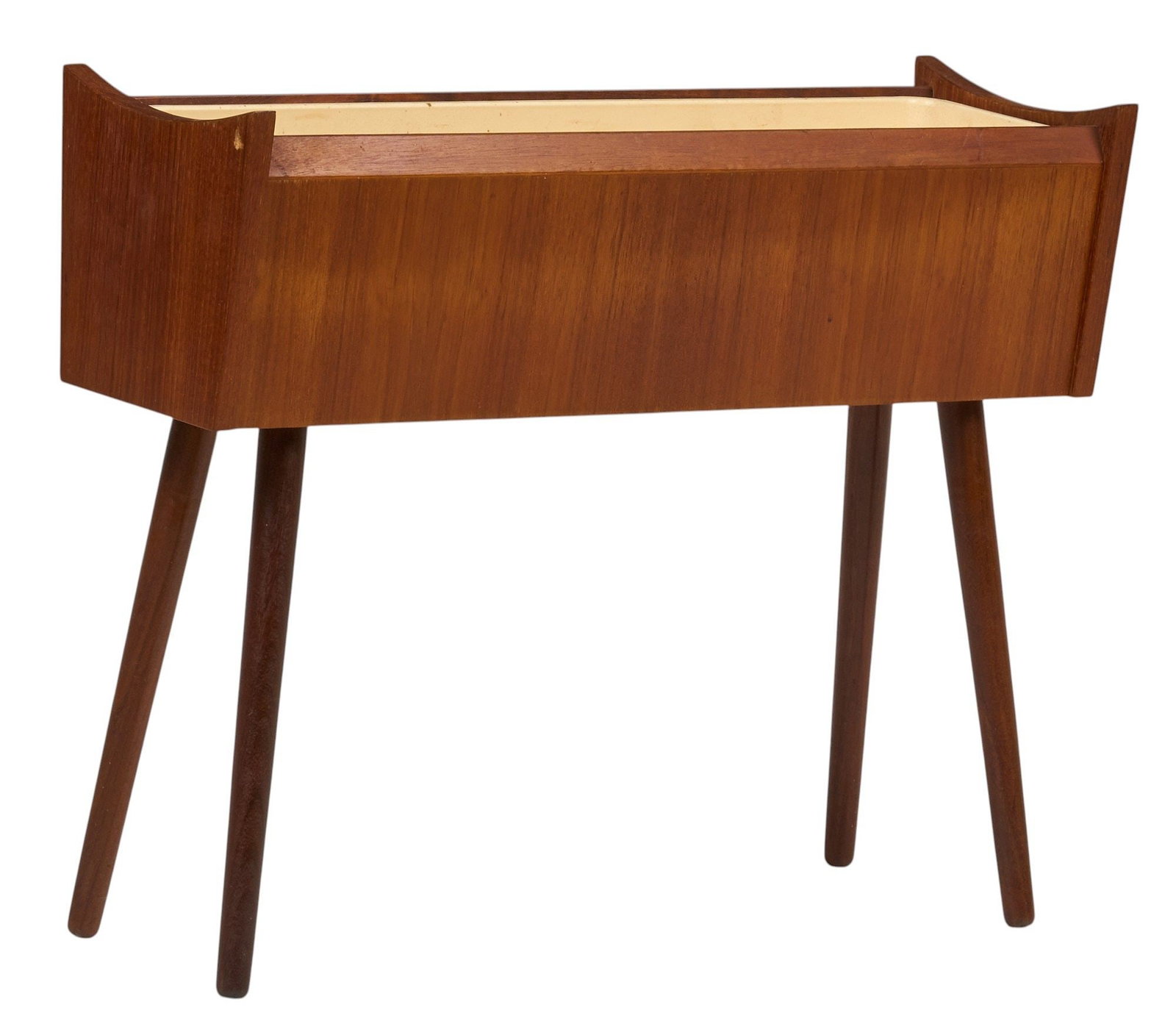 Danish Mid-Century Plantstand: Danish mid-century wooden plant stand on splayed pin legs height 20.5 in. x width 25.5 in. x depth 8 in. Provenance: Property from a home in Lynwood, Washington 