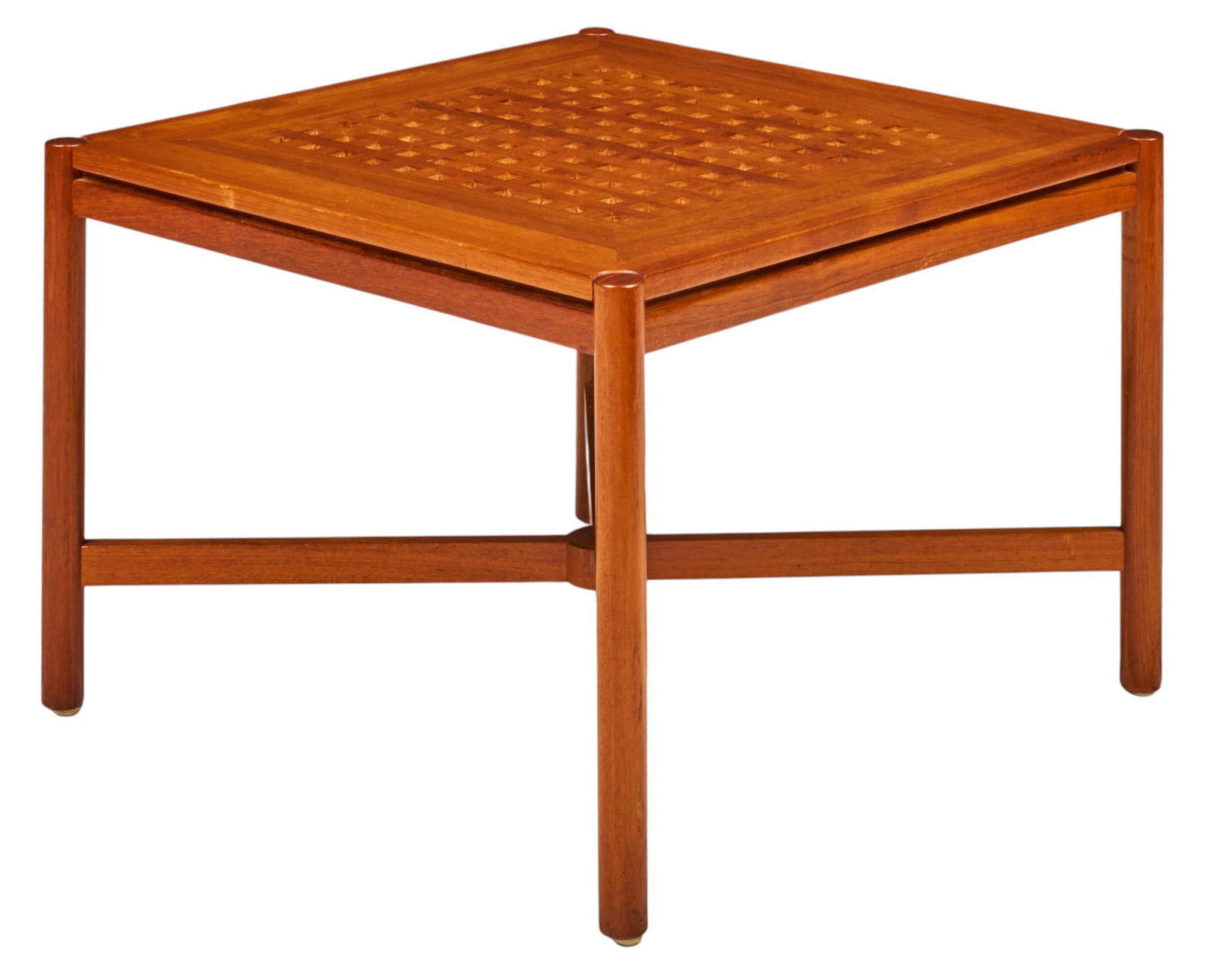 Danish Mid-Century Coffee Table: Danish mid-century square coffee table with top decorated with grid of square perforations, supported on tubular legs with X-frame stretcher height 19 in. x width 27.5 in. x depth 27.5 in. 