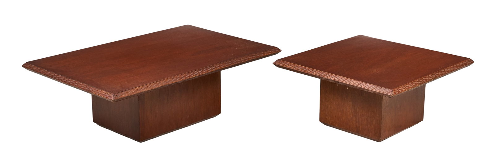 Set of (2) Mid-Century Low Tables: Set of two mid-century low tables, with carved geometric borders height 13.5 in. x width 40 in. x depth 26.5 in. Provenance: Property from a home in Universal City, Texas