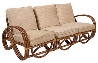 (3) Pc. Bamboo Sectional Sofa: Three-piece mid-century three-seater sectional sofa, with bent bamboo frame and armrests height 30 in. x width 72 in. x depth 34 in. Provenance: Property from a home in Bulverde, Texas