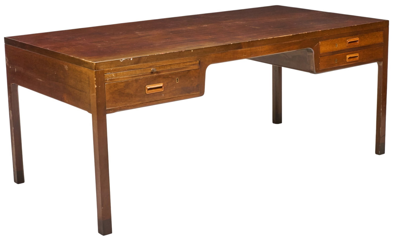 Danish Mid-Century Desk: Danish mid-century desk with three drawers, and one extending surface on the front-side, and one extending surface on backside height 29.5 in. x width 71 in. x depth 35.5 in. 
