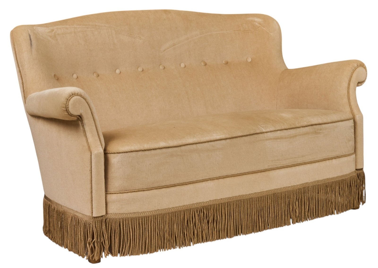 Danish Mid-Century Sofa: Danish mid-century upholstered sofa with fringe, and tufting height 31.5 in. x width 56.5 in. x depth 27 in. 