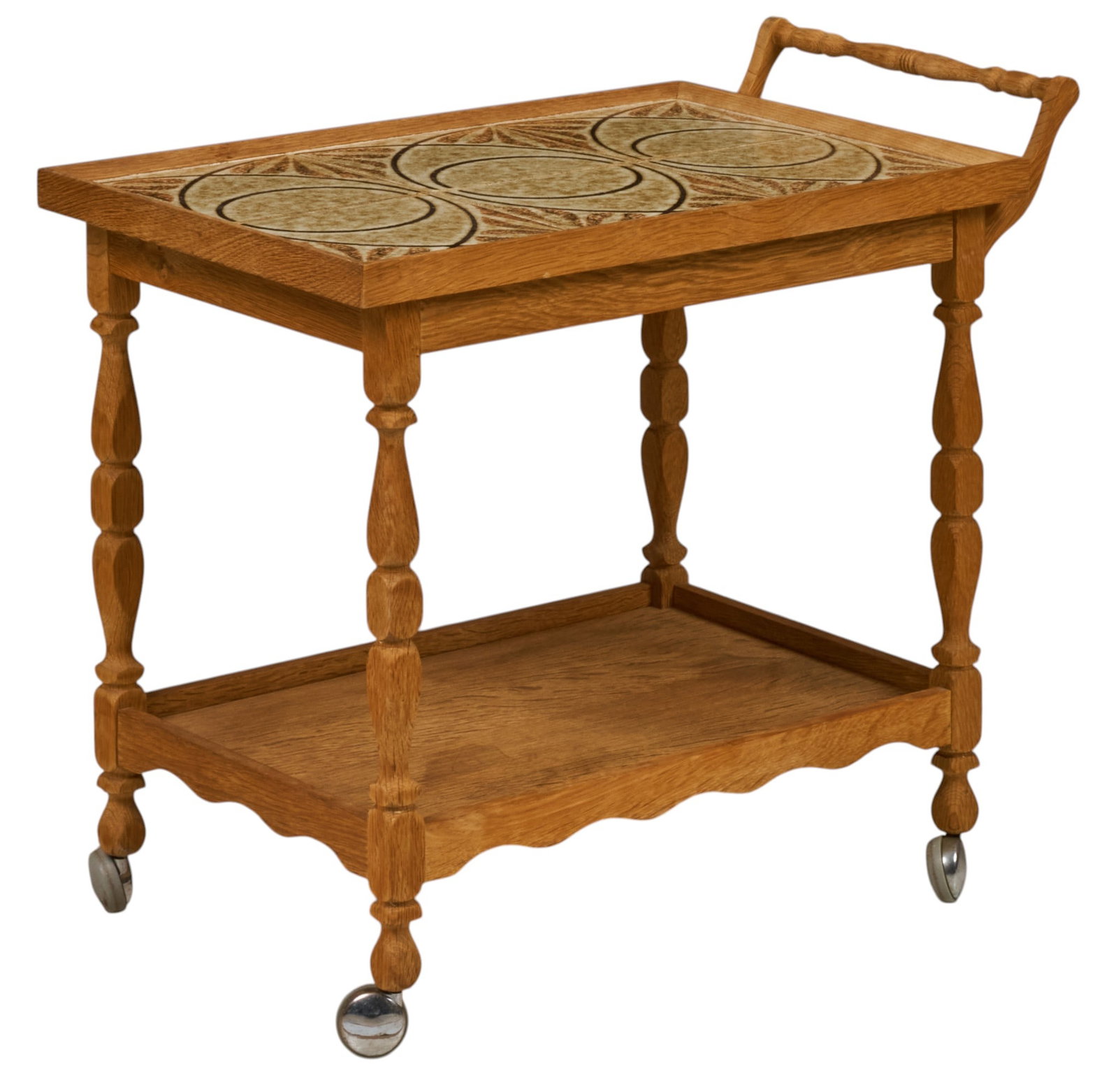 Danish Mid-Century Serving Cart: Danish mid-century serving cart with patterned ceramic tile inlaid top and turned wooden legs, and lower tier, supported on casters height 26 in. x width 29 in. x depth 17.5 in. 