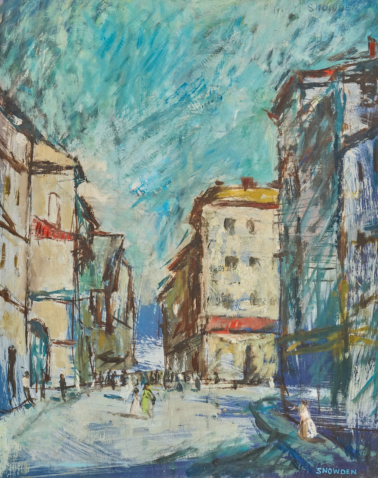 Chester Snowden, City Street Scene: Chester Snowden (Texas, 1900-1984), city street scene, oil on panel, signed lower right sight: 24 x 18 in., frame: 29.5 x 23.5 in. Provenance: Property from a home in New Braunfels, Texas