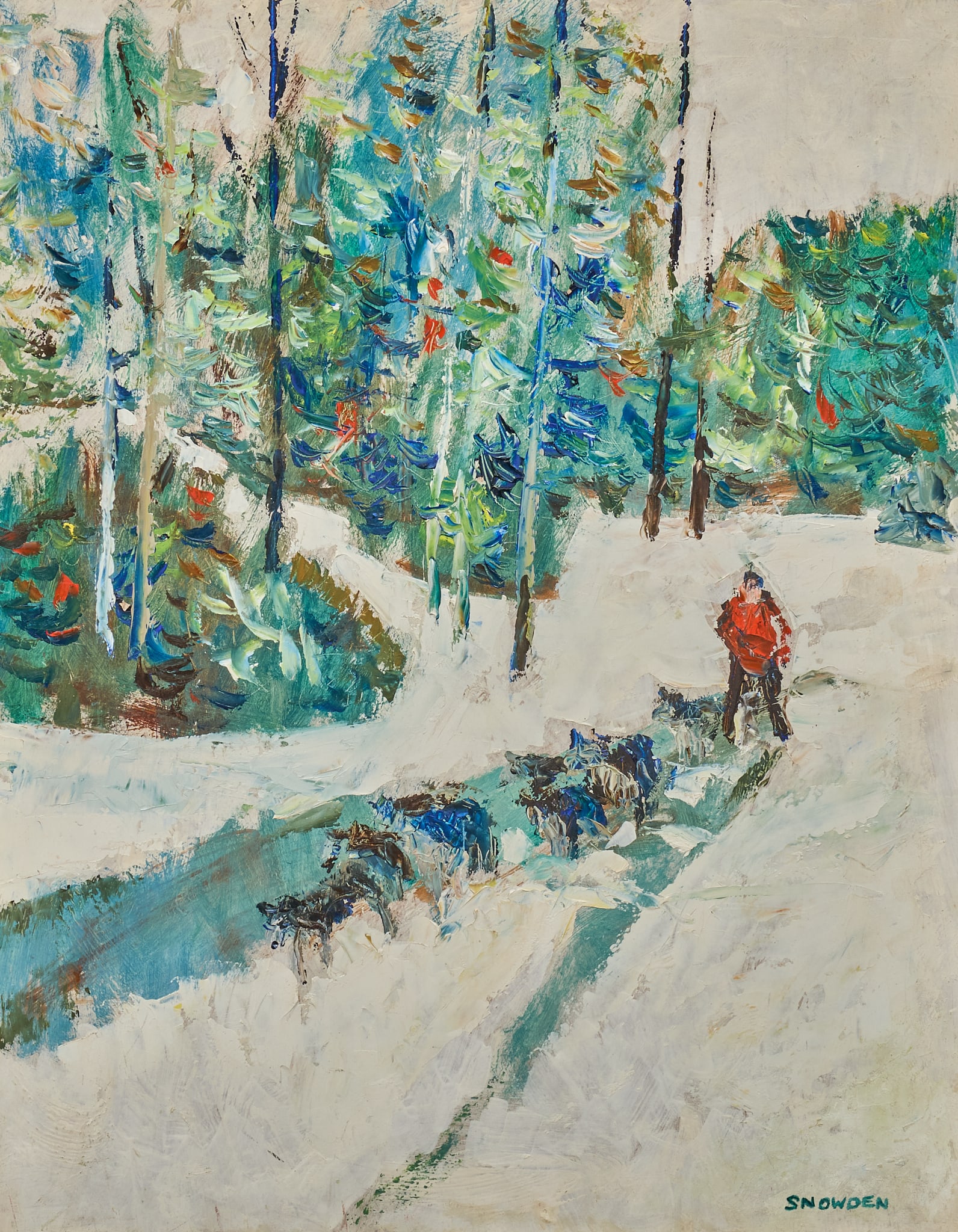 Chester Snowden, Dog Sledding Scene: Chester Snowden (Texas, 1900-1984), man with sled dogs in snow, oil on panel, signed lower right sight: 20 x 15 in., frame: 29 x 21 in. Provenance: Property from a home in New Braunfels, Texas