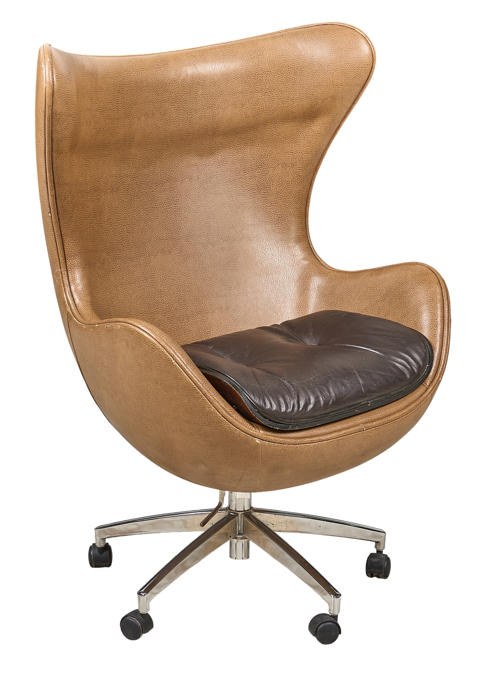 Mid-Century Modern Style Rolling Chair: Mid-century modern style chair featuring design in the style of the "Egg" chair by Fritz Hansen, supported on rolling metal base height 45.5 in x width 33 in. x depth 20 in.