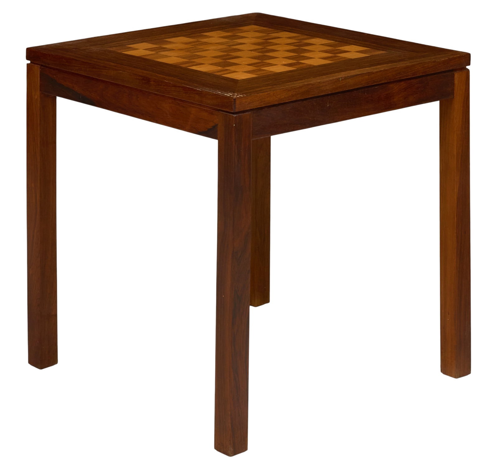 Mid-Century Inlaid Game Table: Mid-century wood game table, square top with inlaid checkerboard playing surface, straight legs height 20.5 in. x width 20 in. x depth 20 in.