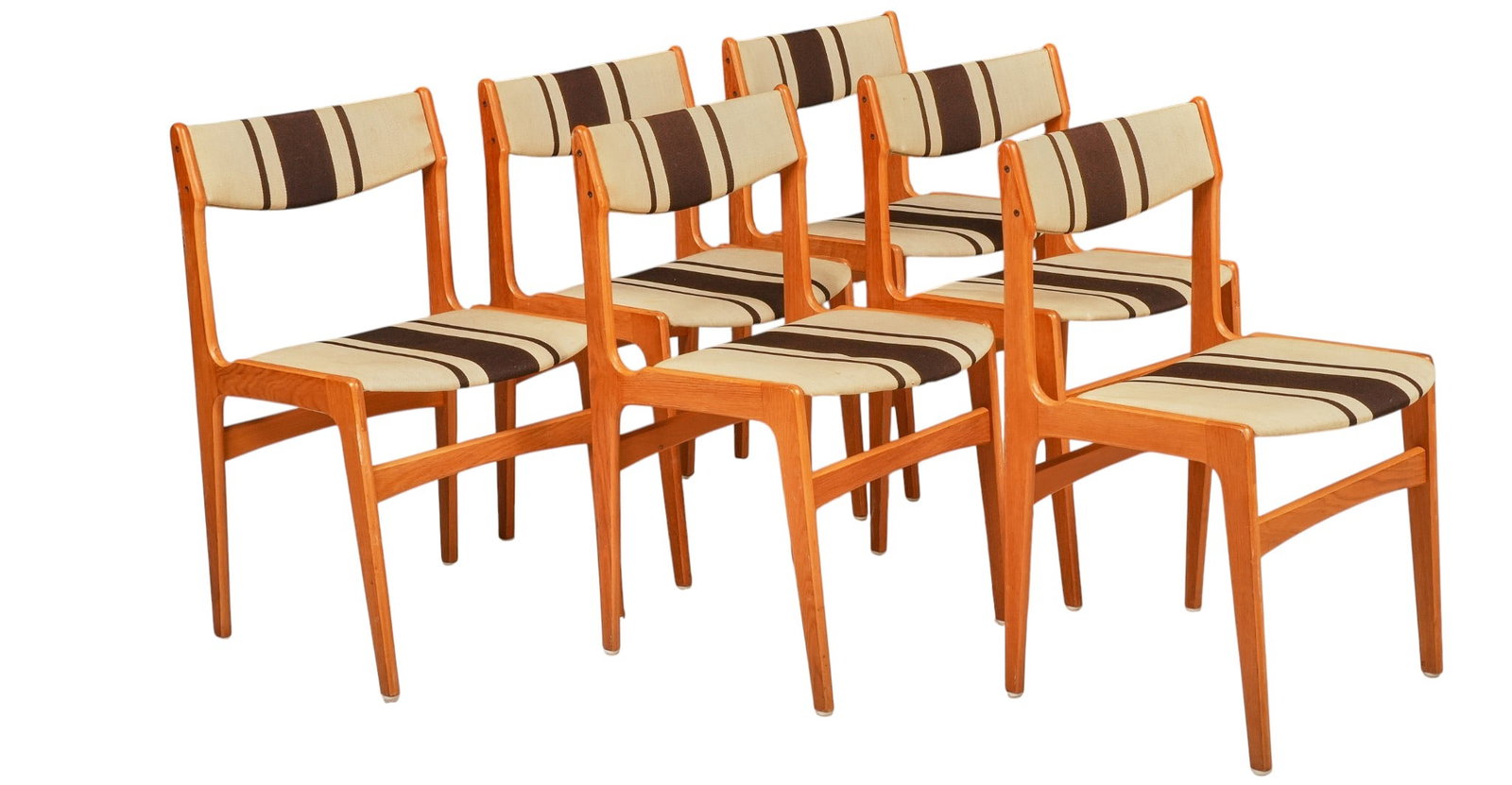 Set of (6) Danish Mid-Century Dining Chairs: Set of six Danish mid-century dining chairs, shaped teak frames with upholstered curved backrests and seats in cream and brown striped textile, tapered legs joined by stretchers height 31.5 in. x