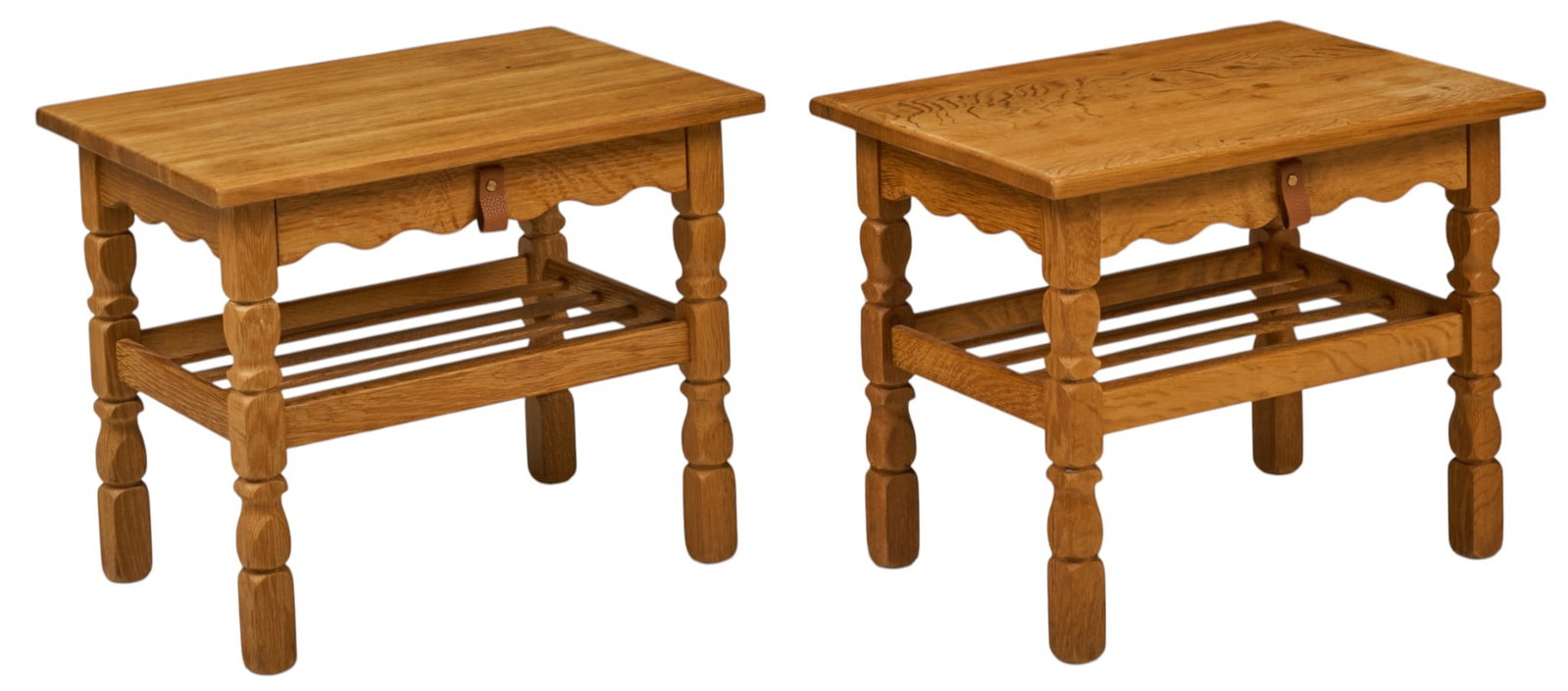Henning Kjaernulf, Pair of Nightstands: Pair of Henning Kjaernulf (Denmark) oak mid-century nightstands with drawers and lower spindle rack height 18 in. x width 22 in. x depth 16 in. / each 