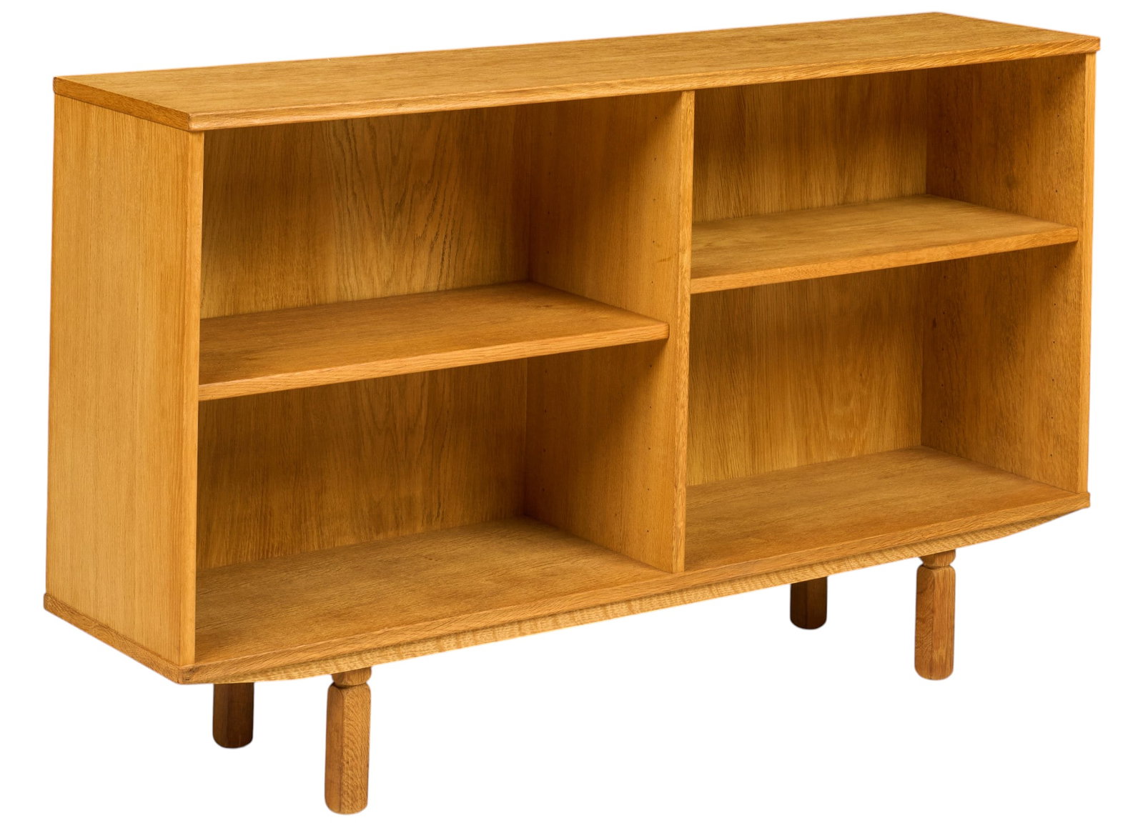 Danish Mid-Century Low Bookcase: Danish mid-century low bookcase with two shelves, supported on block legs height 32 in. x width 53.5 in. x depth 13 in. 