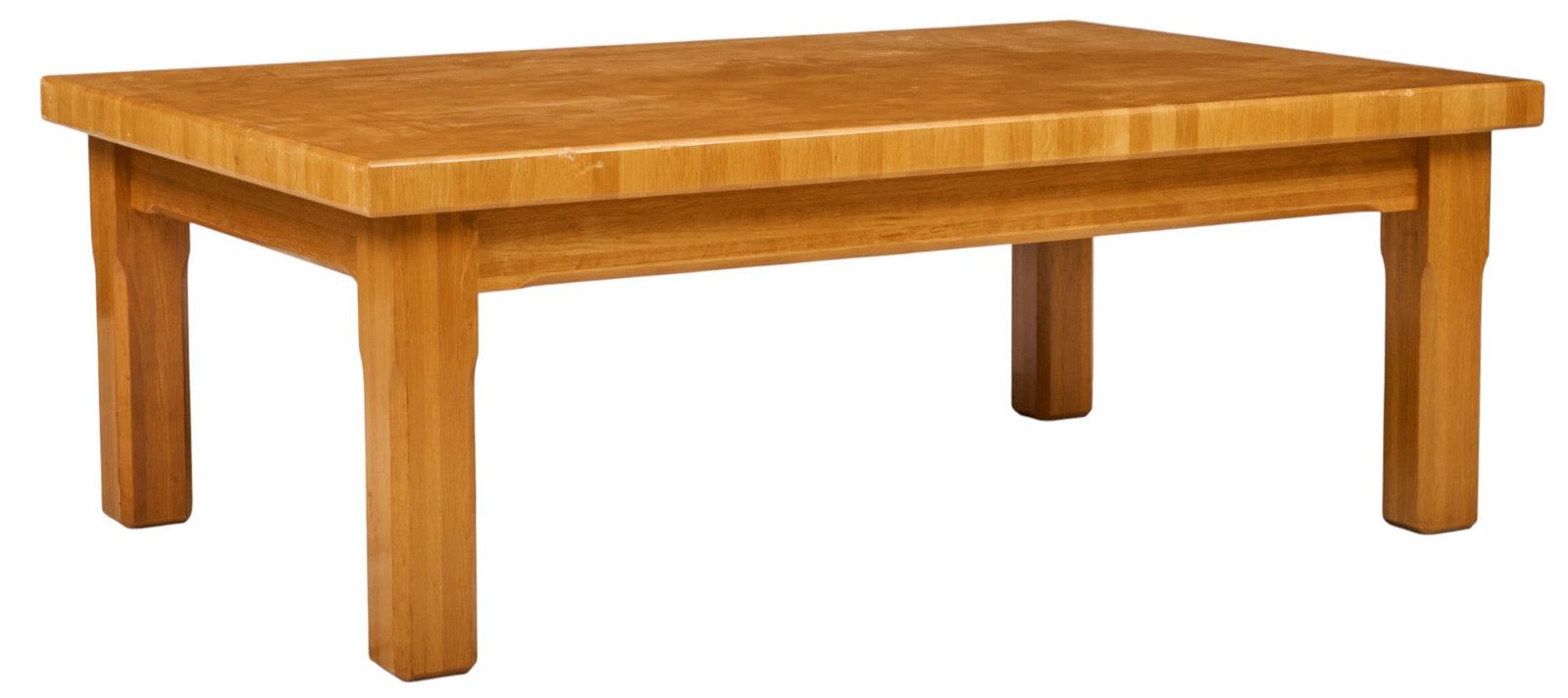 Danish Mid-Century Inlaid Coffee Table: Danish mid-century coffee table with thick inlaid top supported on thick block legs height 20 in. x width 55 in. x depth 37.25 in. 