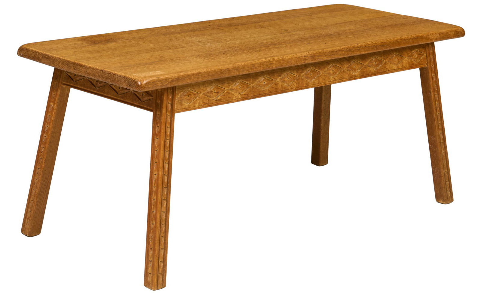Danish Mid-Century Coffee Table: Danish mid-century coffee table raised on carved and splayed block legs height 22.5 in. x width 54 in. x depth 21 in. 