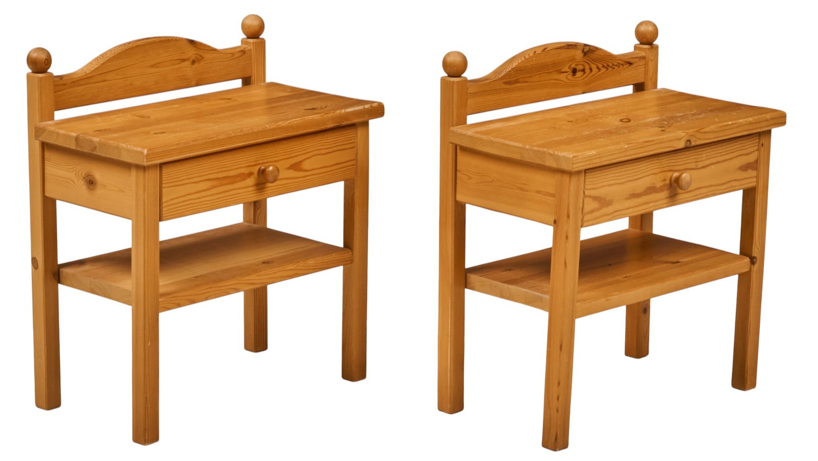 Pair of Danish Mid-Century Nightstands: Pair of Danish mid-century pine nightstands with single drawer, and lower open shelf, and decorative gallery back height 22.5 in. x width 20 in. x depth 12 in. / each