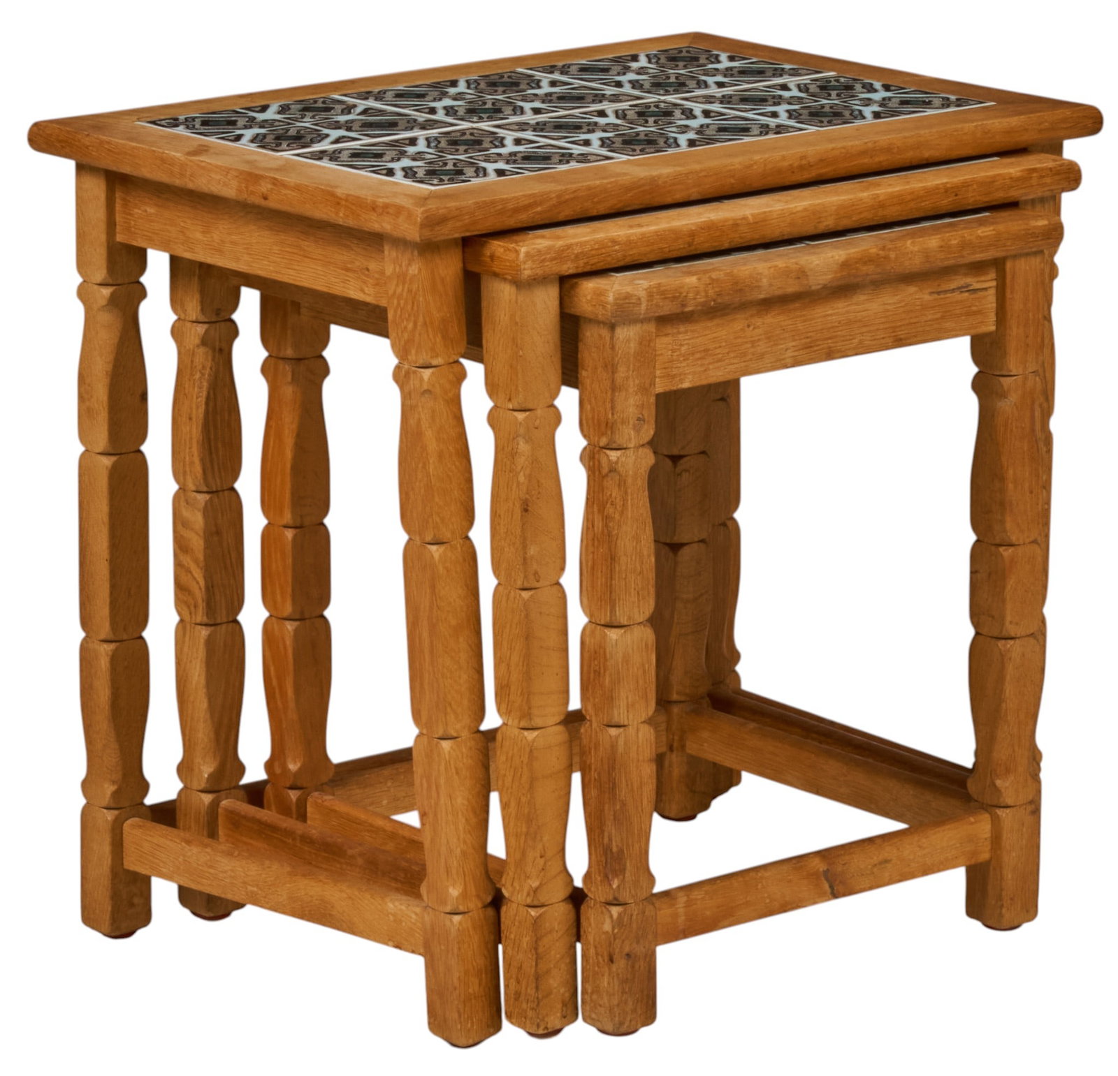 (3) Danish Mid-Century Nesting Tables: Set of three Danish mid-century nesting tables decorated with blue ceramic tile inlay height 20.5 in. x width 21.5 in. x depth 15.75 in. / largest