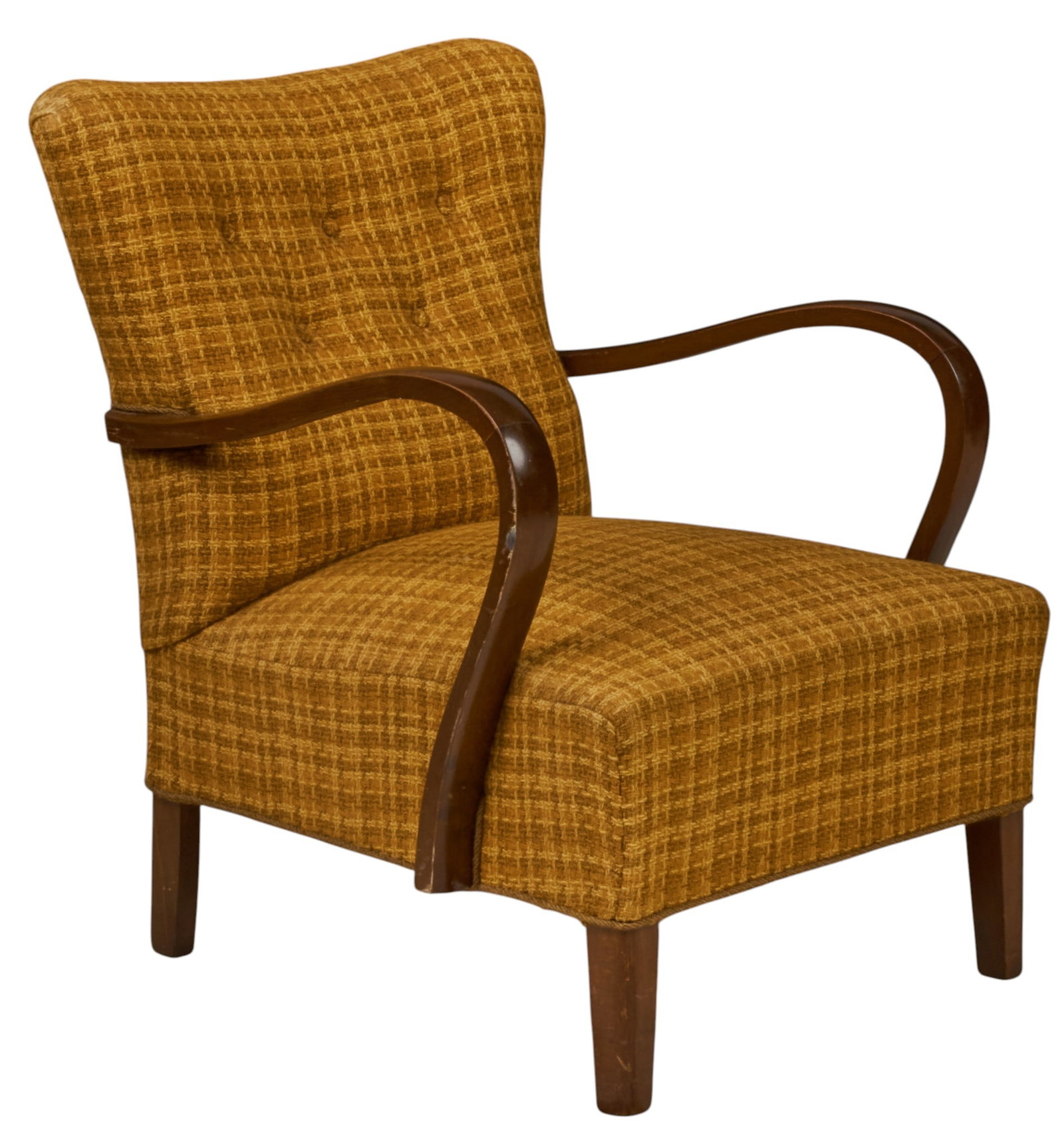 Danish Mid-Century Lounge Chair: Danish mid-century lounge chair, with brown and yellow plaid upholstery, and wooden legs and armrests height 32.5 in. x width 25.5 in. x depth 31 in. 