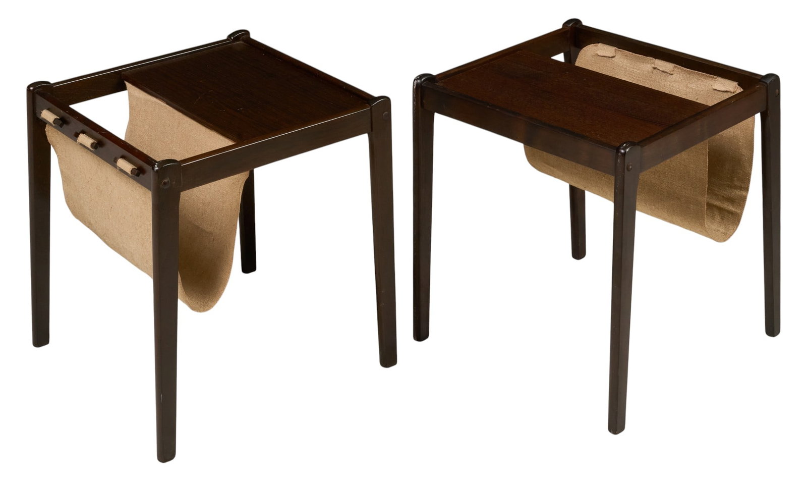 Pair of Mid-Century Wood Magazine Side Tables: Pair of mid-century dark-stained wood side tables, each with rectangular top and suspended canvas magazine sling height 18 in. x width 18 in. x depth 17.5 in.