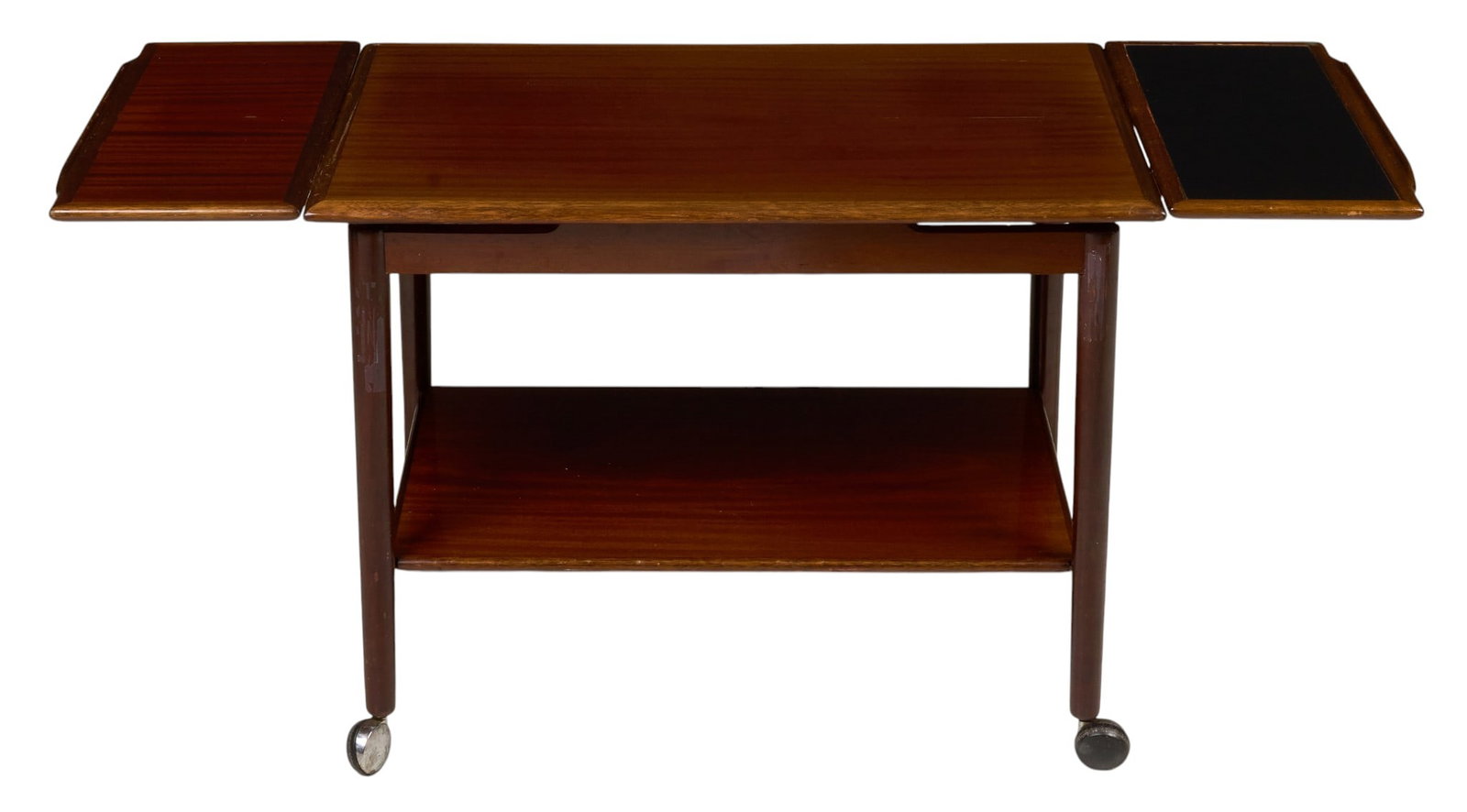 Mid-Century Bar Cart: Mid-century bar cart, rectangular top with opposing pull-out extension surfaces, one fitted with black laminate inset, lower shelf, raised on cylindrical legs with casters height 23.5 in. x