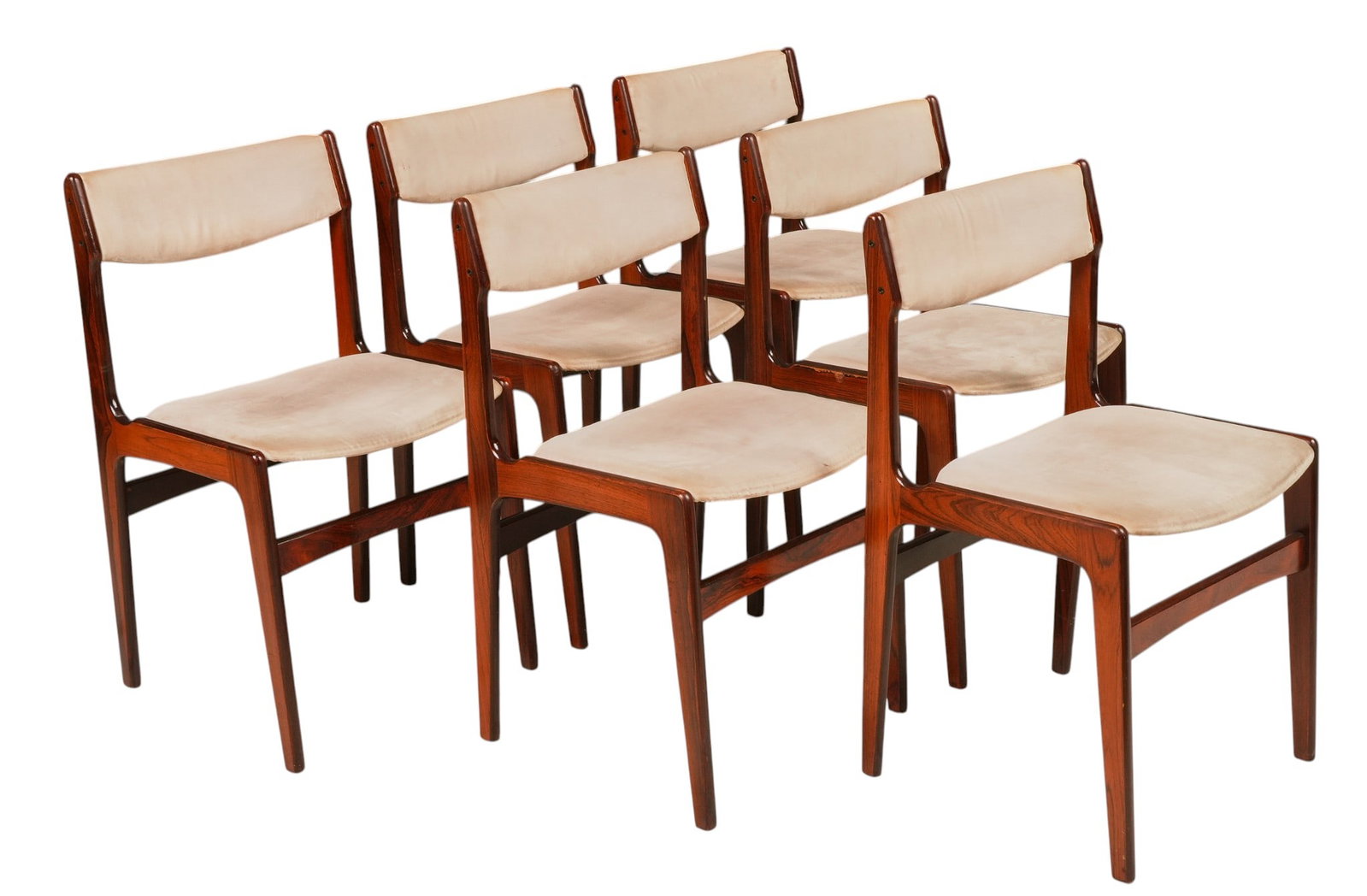 Set of (6) Danish Mid-Century Rosewood Dining Chairs: Set of six Danish mid-century rosewood dining chairs, upholstered curved backrests and seats, sculptural frames with tapered legs and stretcher bases height 32 in. x width 19 in. x depth 17 in.