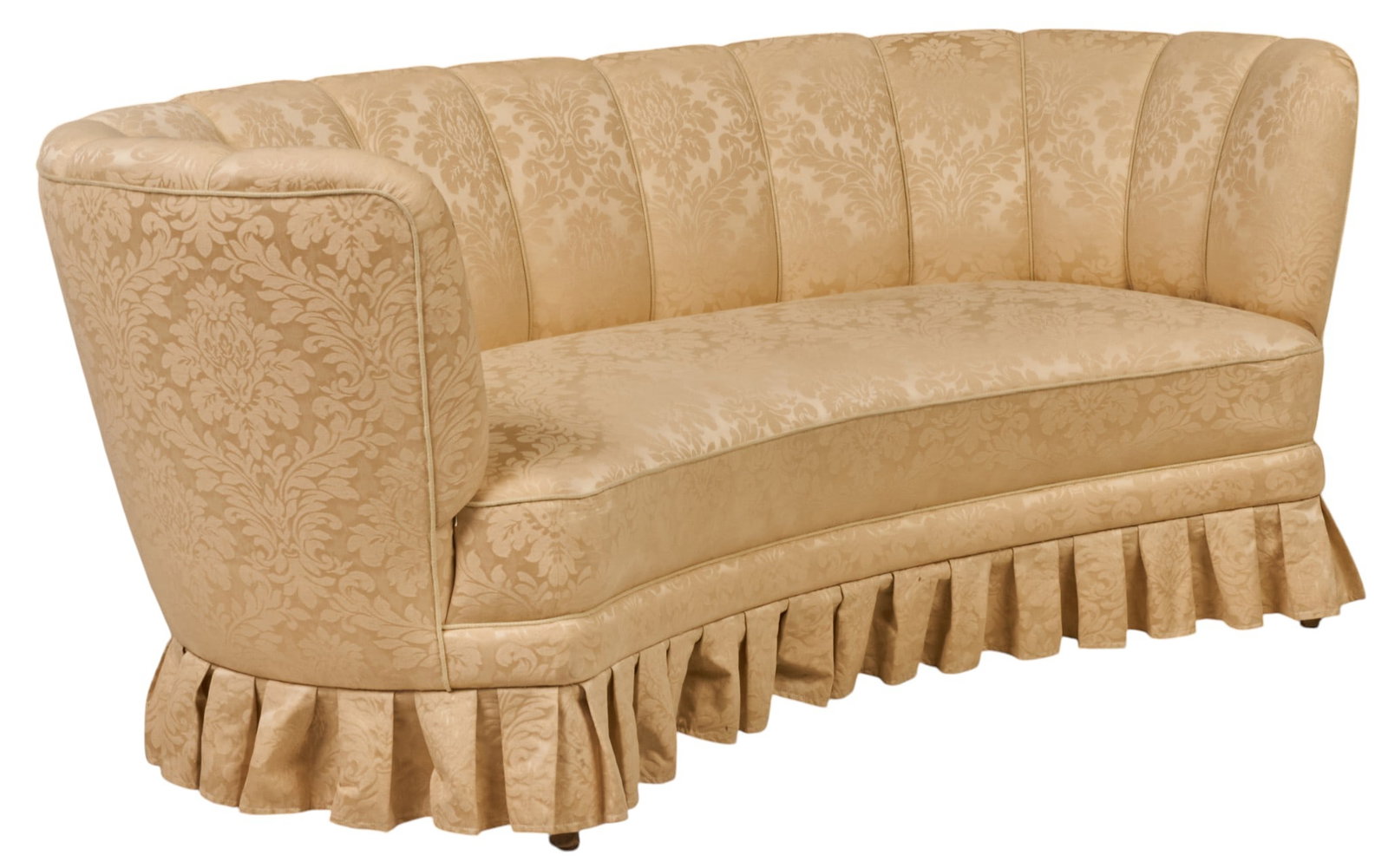 Danish Mid-Century Damask Sofa: Danish mid-century curved sofa with channel tufted damask upholstery, and ruffle skirt height 30 in. x width 78 in. x depth 29 in. 
