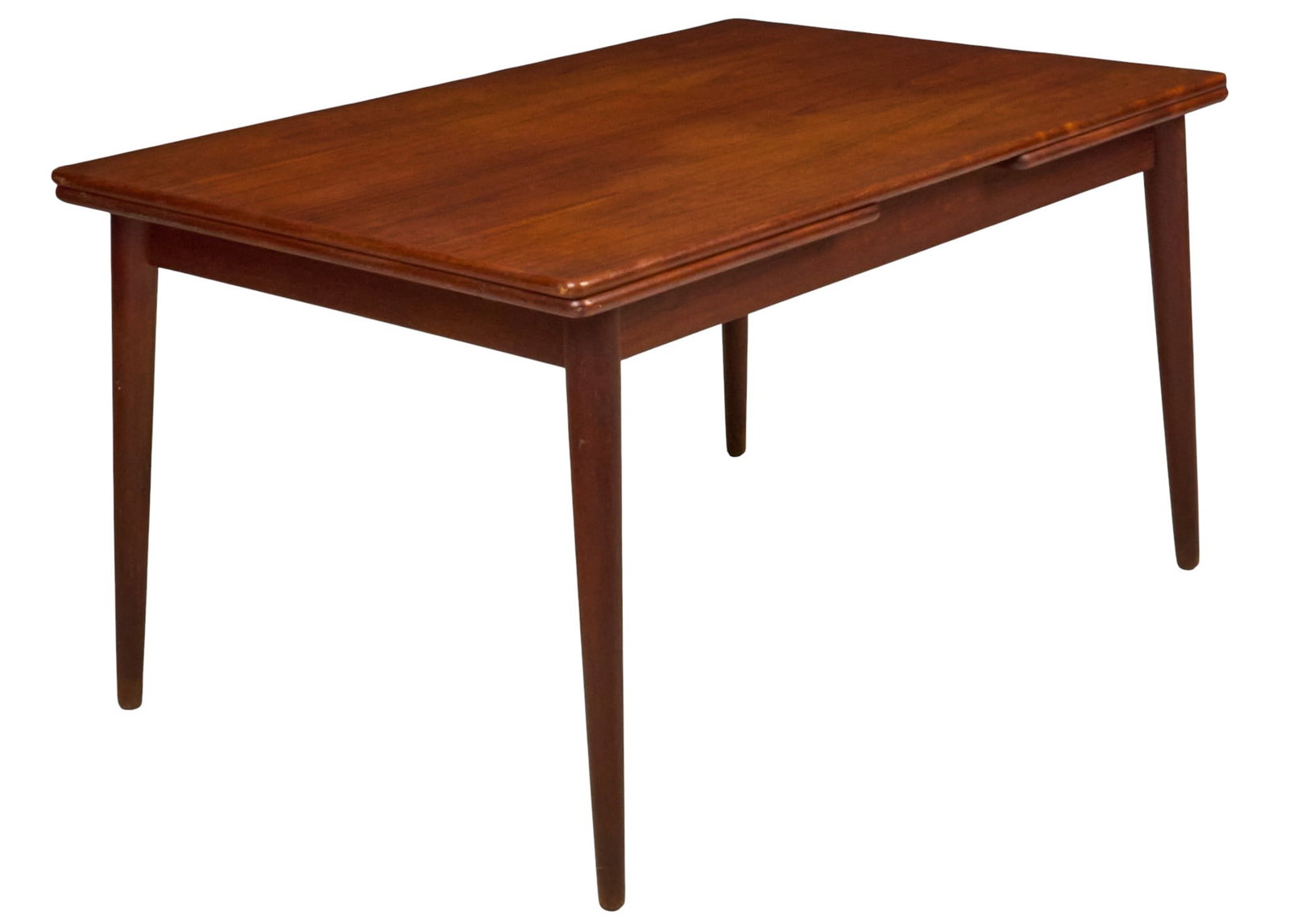 Danish Mid-Century Dining Table: Danish mid-century extending dining table with concealed leaves, supported on pin legs height 28.5 in. x width 53 in. x depth 34.5 in. Extended width: 96 in. 