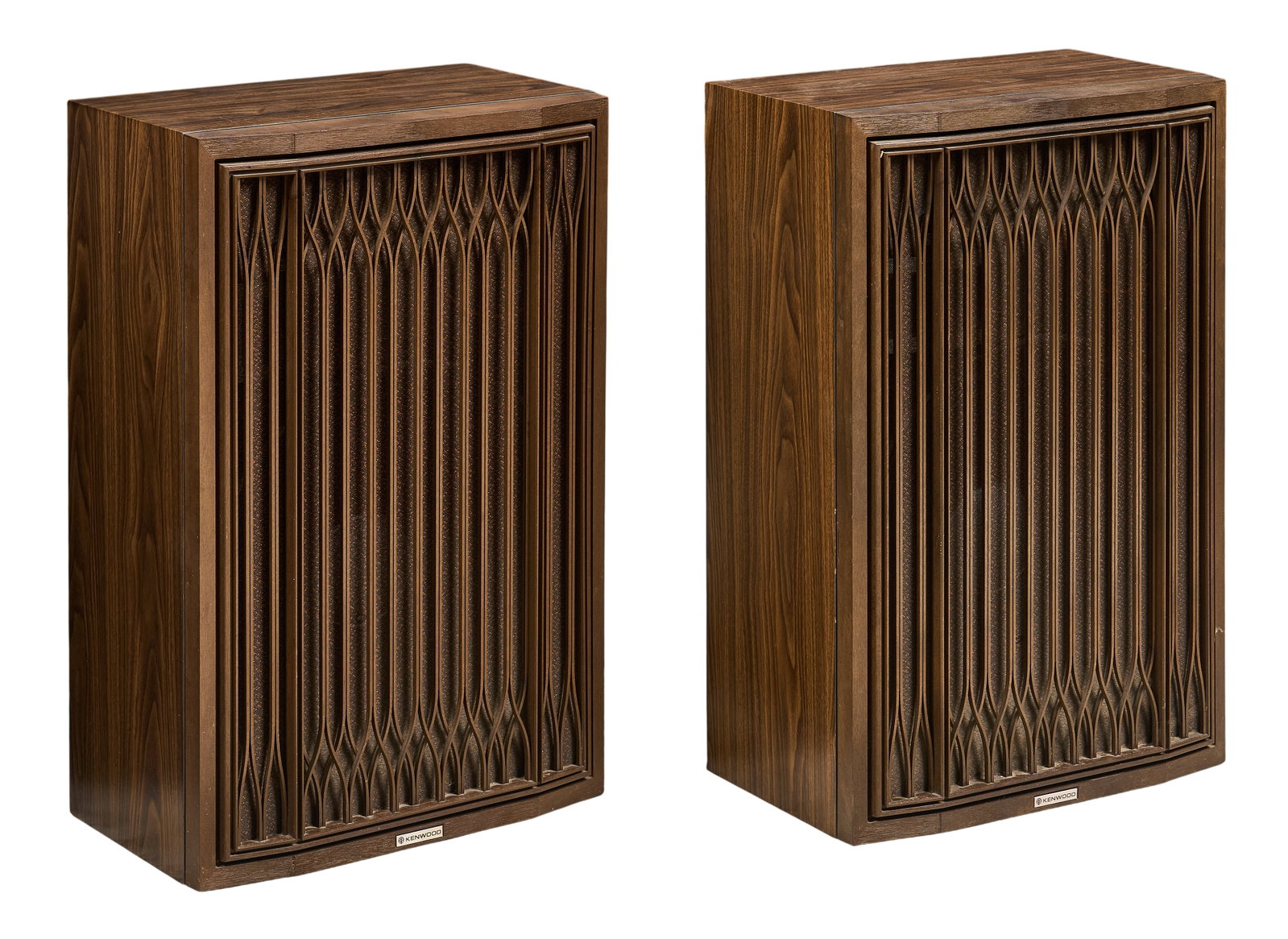 Pair of 1970's Kenwood Speakers: Pair of 1970's Kenwood KL-999X 5-way floor-standing speakers featuring wooden latticework grilles, in working condition, includes manual and wires height 27 in. x width 10.5 in. x depth
