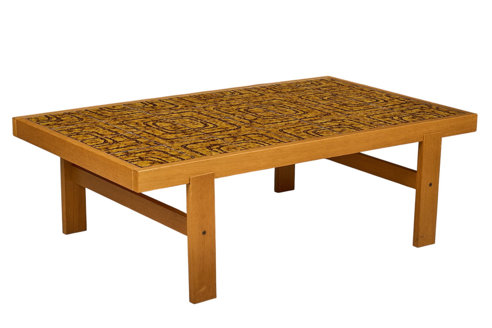 Danish Mid-Century Inlaid Coffee Table: Danish mid-century coffee table decorated with ceramic tile inlay with geometric pattern, supported on stretchered block legs height 19 in. x width 59 in. x depth 35 in. 