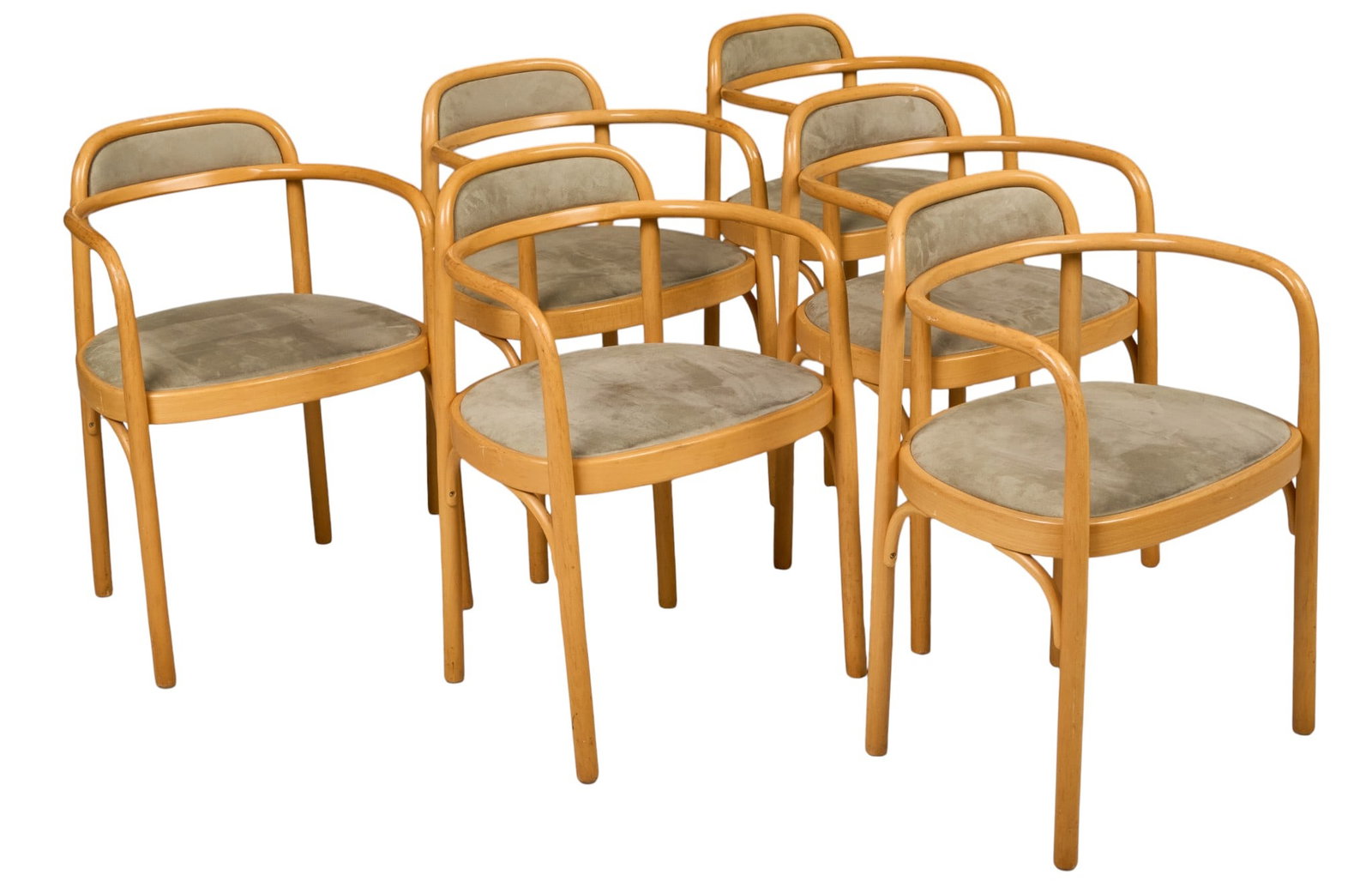 Set of (6) Gemla Swedish Bentwood Armchairs: Set of six Swedish Mid-Century Modern bentwood armchairs by Gemla Möbler AB, bent beech frames with upholstered seats and backrests, labeled Gemla Möbler AB, Diö, Made in Sweden height 
