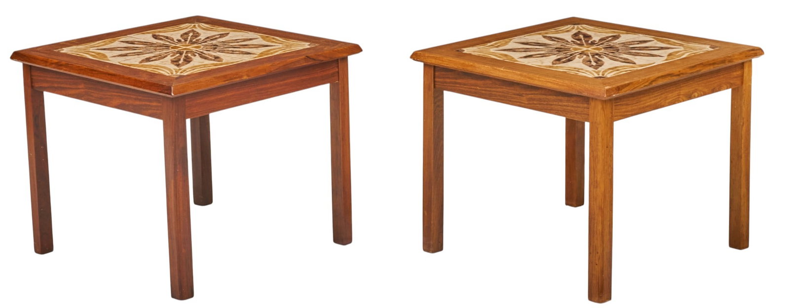 Pair of Danish Mid-Century Side Tables: Pair of Danish mid-century side tables featuring geometric tile inlay, supported on block legs height 18 in. x width 21 in. x depth 21 in. / each