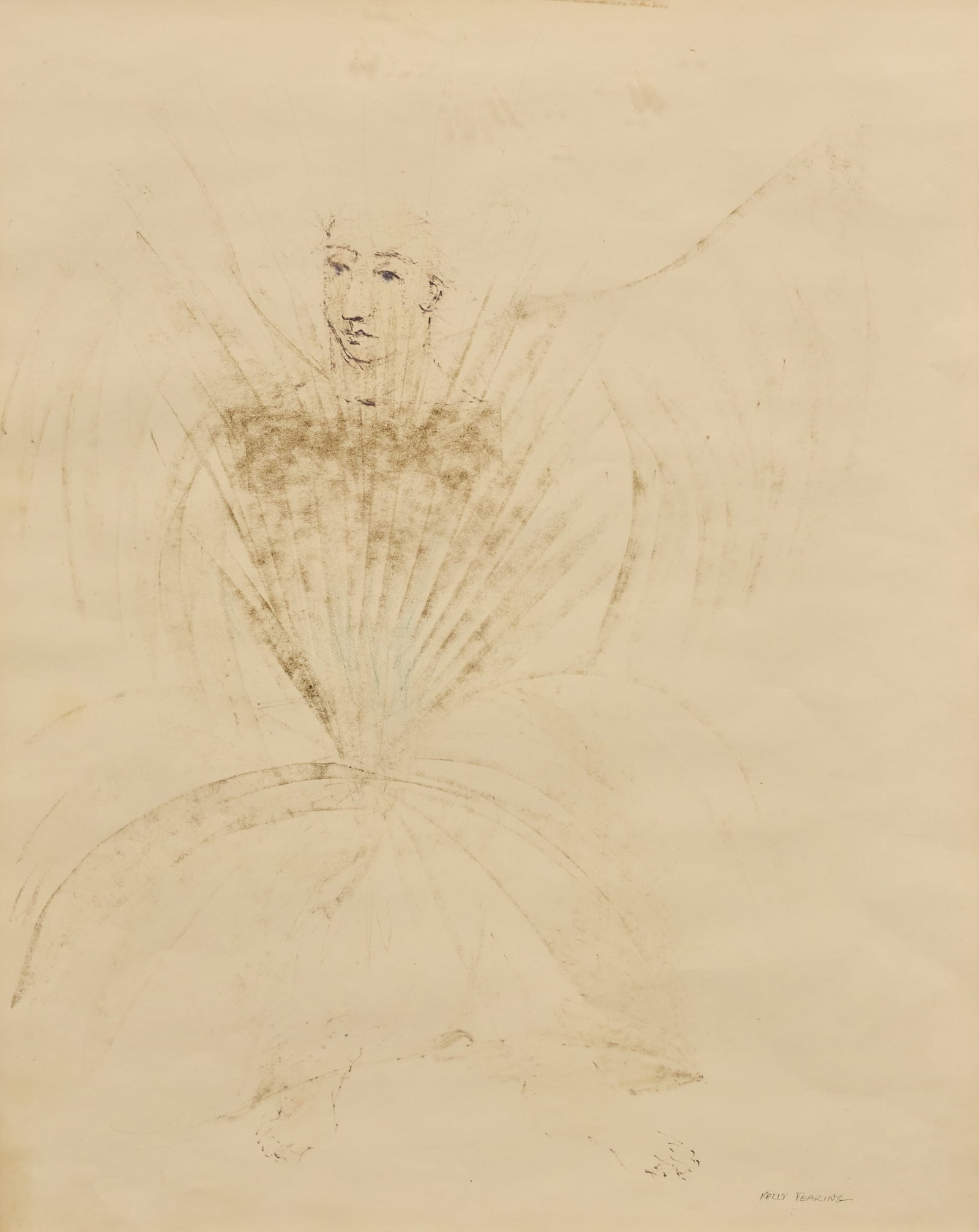 Kelly Fearing, "Angel", 1953: Kelly Fearing (Texas / Arkansas, 1918-2011), "Angel", ink with felt point pen and wax crayon, signed lower right, with gallery information label on the verso dating work to 1953 sight: 14 x
