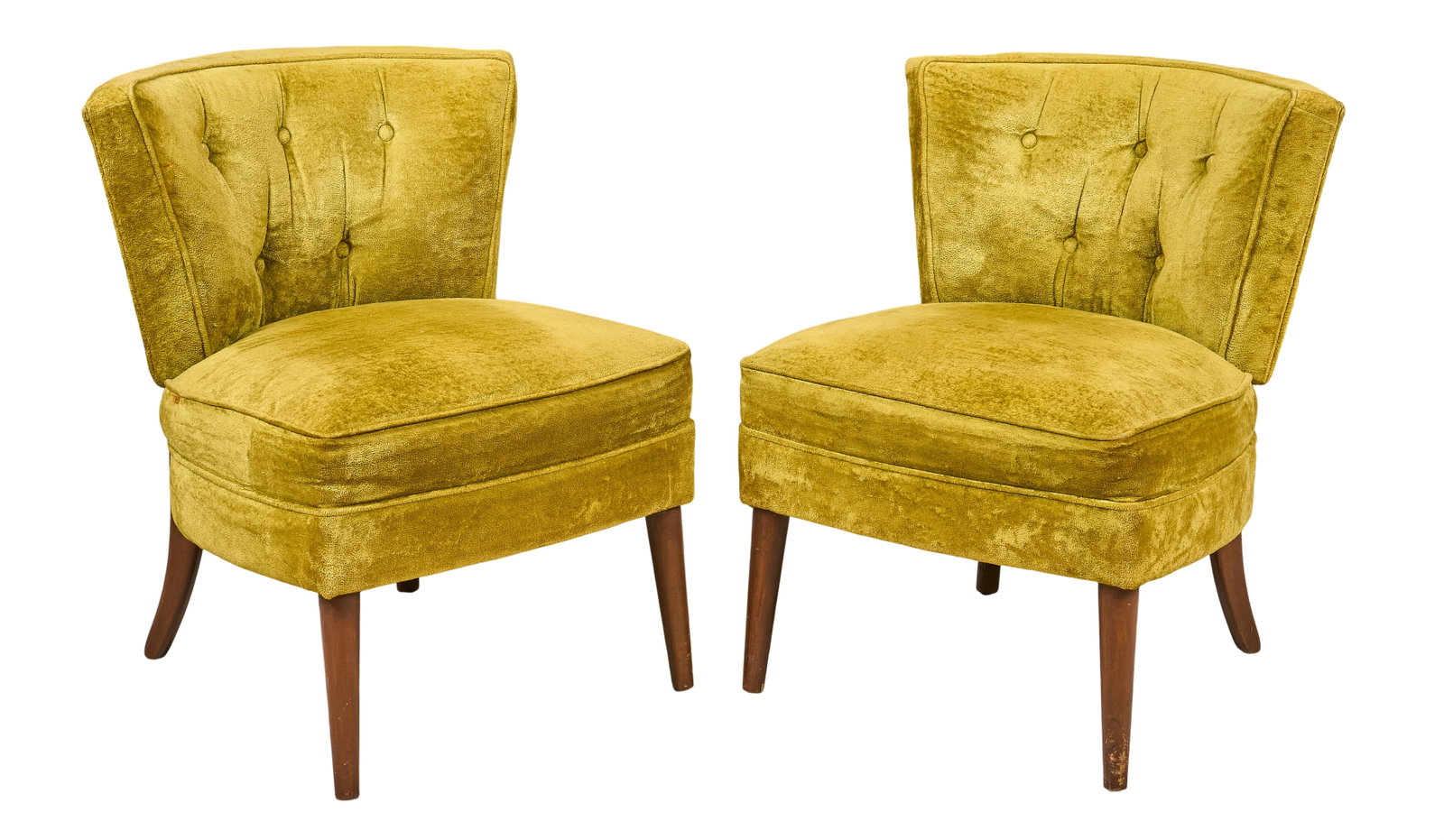 Pair of Mid-Century Slipper Chairs: Pair of vintage mustard-yellow velvet slipper chairs featuring button-tufting and tapered wooden legs, circa late 1960s to early 1970s height 30 in. x width 26 in. x depth 20.5 in. / each Provena