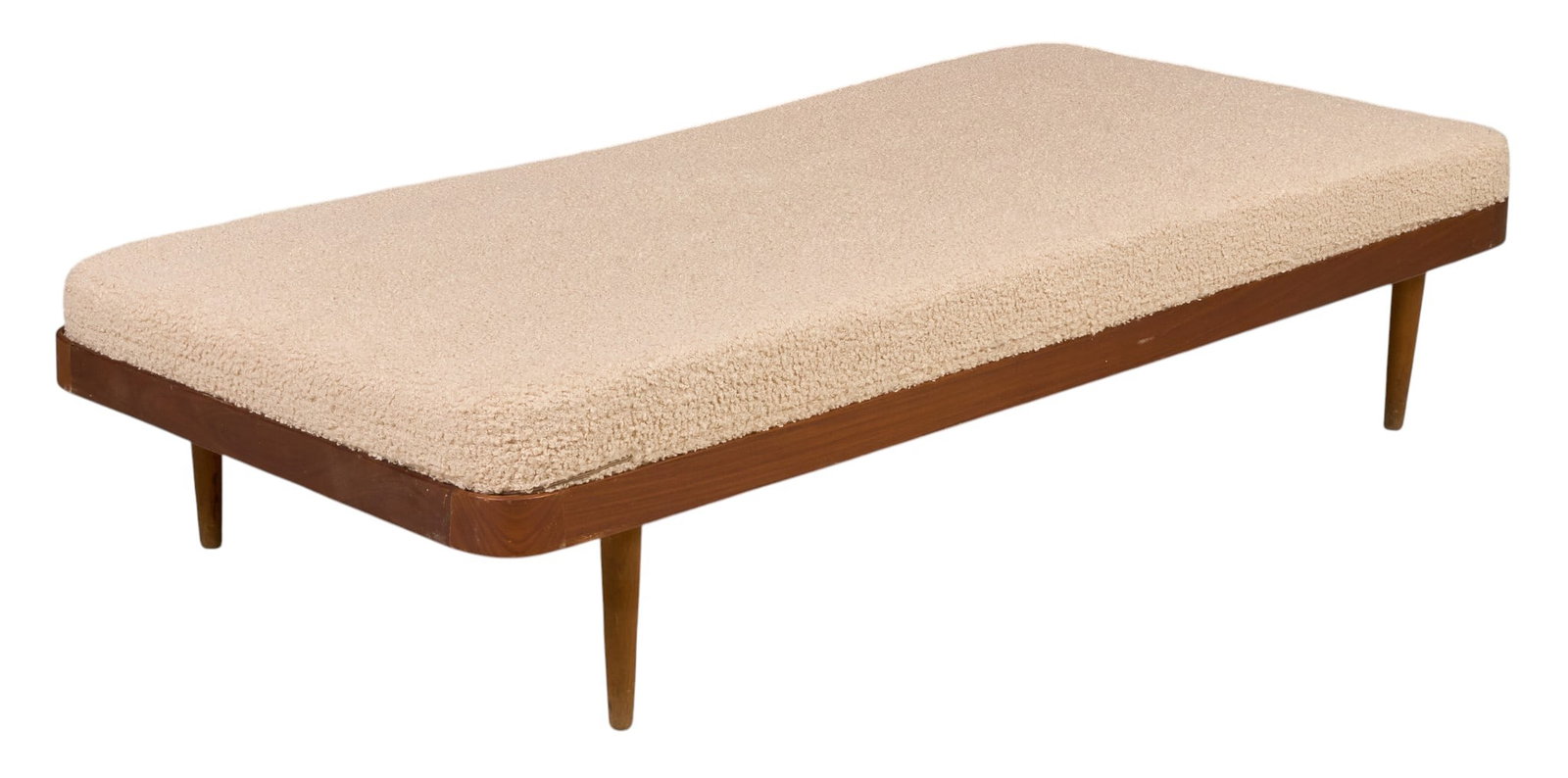 Mid-Century Modern Upholstered Daybed: Mid-Century Modern daybed, cream bouclé upholstery, walnut frame with rounded corners, raised on tapered legs height 16.5 in. x width 75.5 in. x depth 34 in.