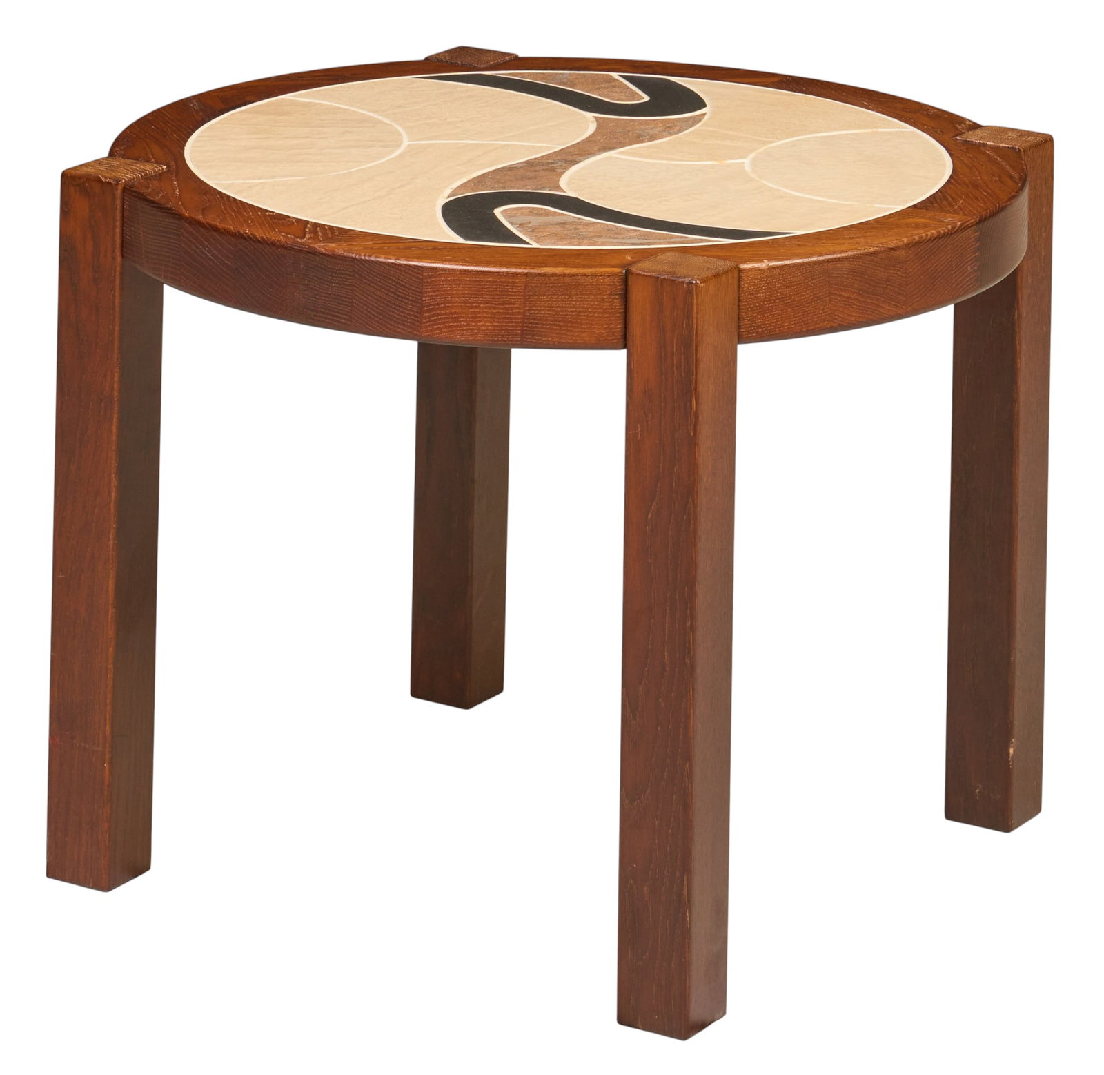 Danish Mid-Century Circular Side Table: Danish mid-century circular side table featuring inlaid top composed of wood and stone in an abstract design, supported on block legs height 20 in. x diameter 26 in.