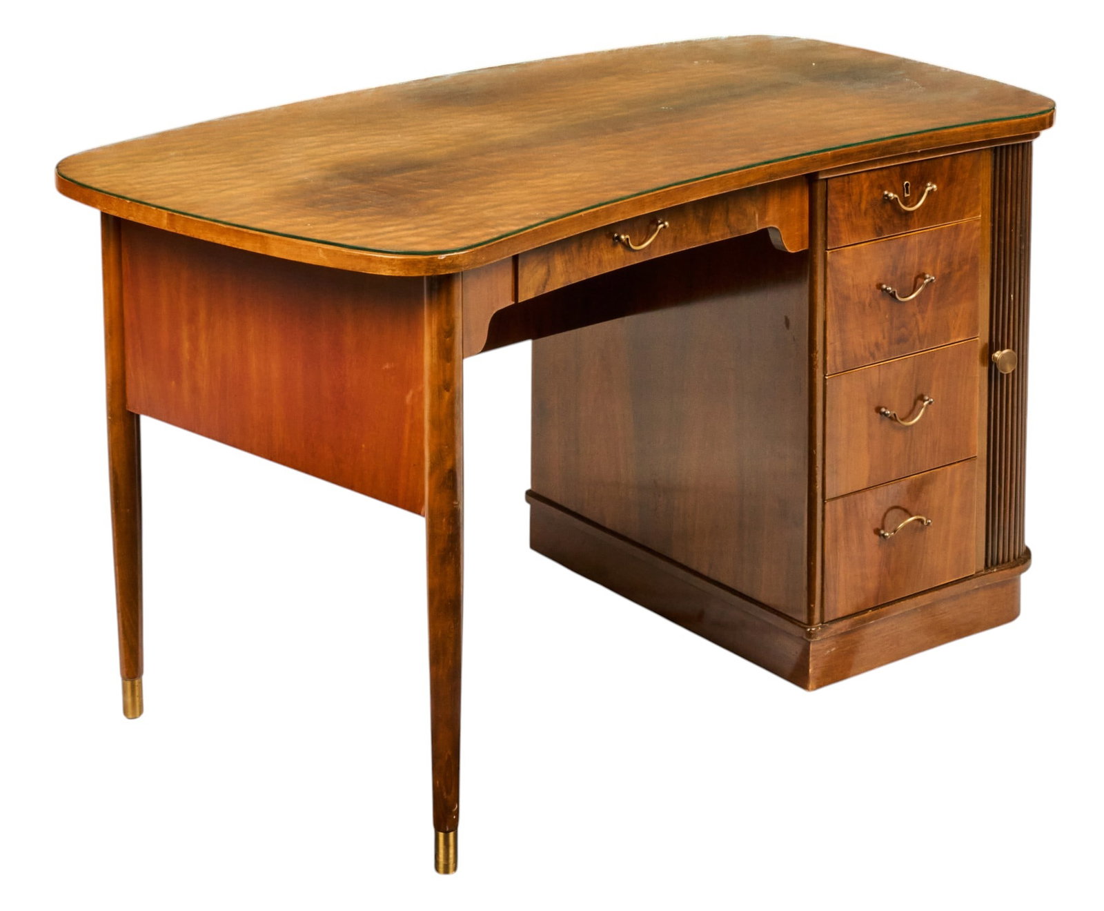 Danish Mid-Century Desk: Danish mid-century desk with curved glass top, several drawers with brass pulls, and right-side tambour cabinet that opens to reveal glass shelves, with open shelf on backside height 29.5 in. x