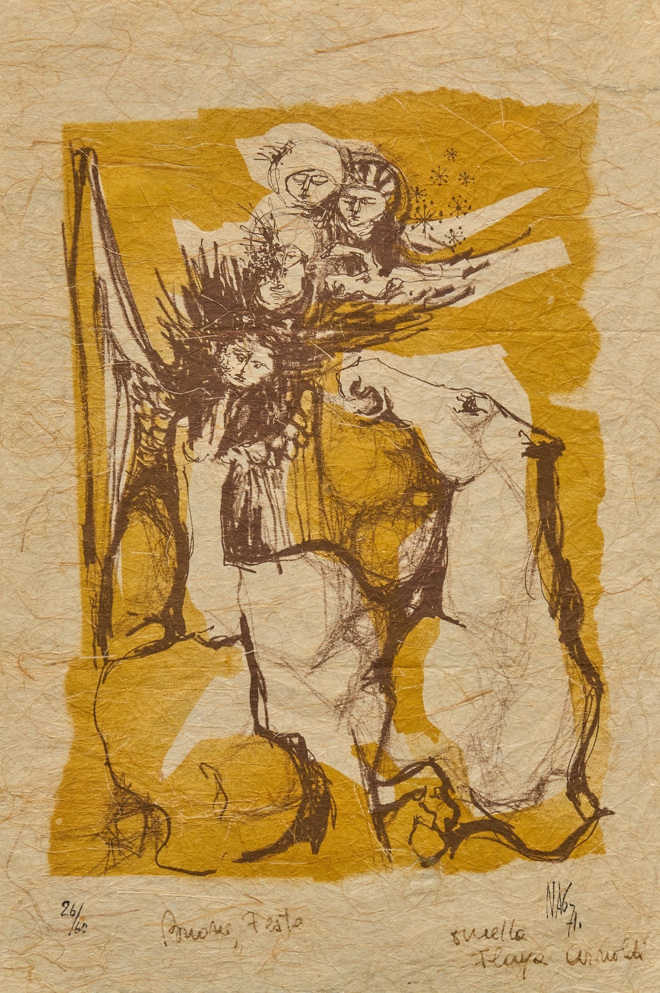 Nag Arnoldi, Mid-Century Studio Lithograph: Nag Arnoldi (Switzerland, 1928-2017), mid-century etching or lithograph, signed and numbered in the margins, ed. 25/60, dated 1971, framed between glass panes sheet: 16.5 x 11.5 in., frame: 21.5 x 16.