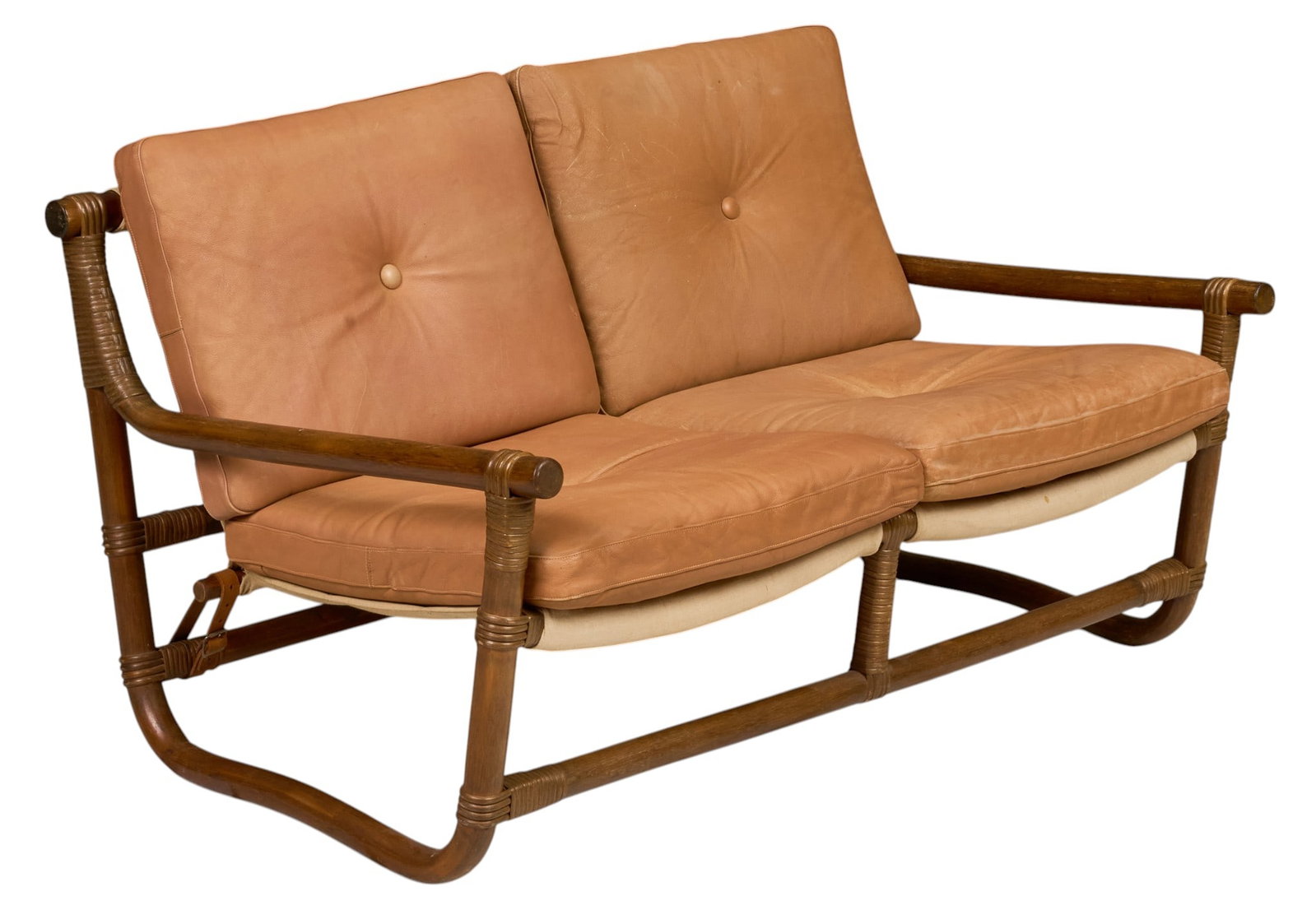 Mid-Century Modern Leather and Rattan Settee (1 of 4)