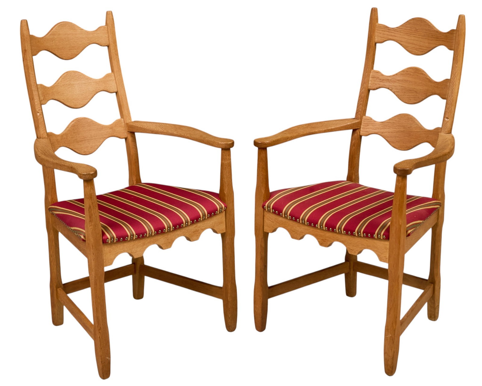 Pair of Mid-Century Oak Ladder-Back Armchairs: Pair of mid-century oak armchairs, shaped ladder backs, curved arms, red striped upholstered seats with brass nailhead trim height 40.5 in. x width 22.5 in. x depth 17.5 in.
