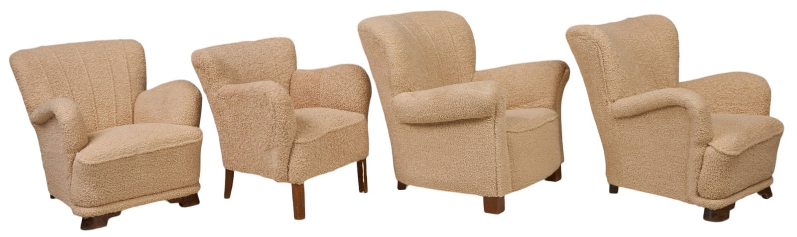 (4) Danish Mid-Century Boucle Armchair: Four piece Danish mid-century armchairs all featuring white boucle fabric upholstery and supported by wooden legs height 35 in. x width 35 in. x depth 37 in. / largest 