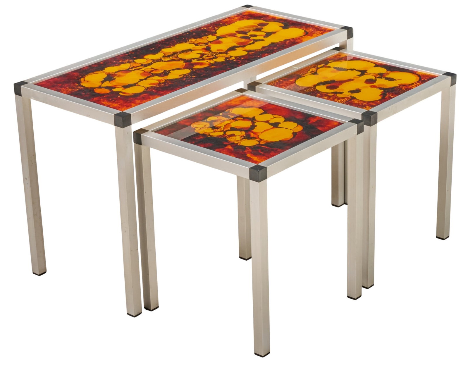 Danish Mid-Century Nesting Tables: Set of three Danish mid-century nesting tables featuring aluminum frames and abstract enamel tops, largest table is rectangular, with two smaller square tables height 19 in. x width 32 in. x