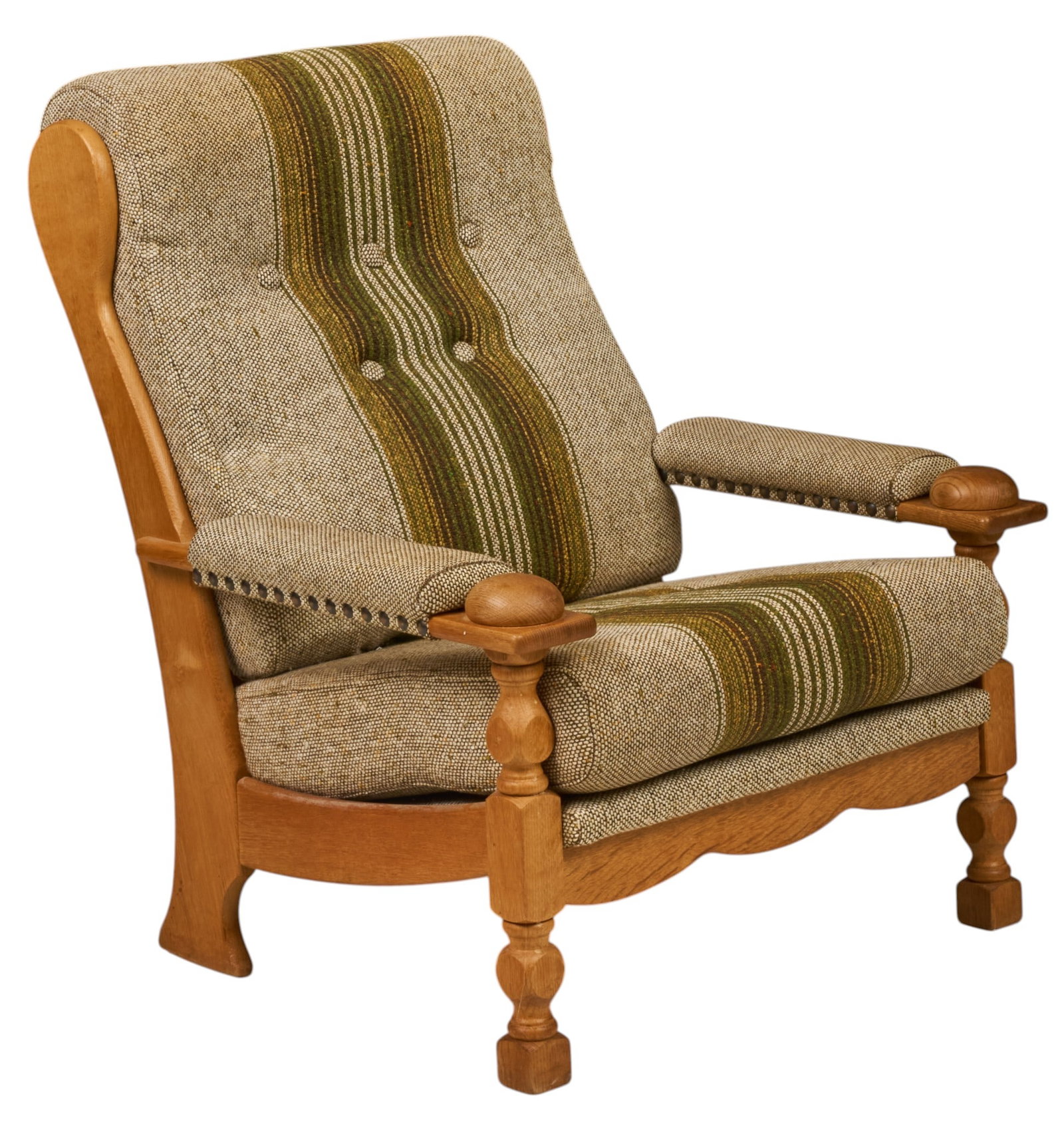 Henning Kjaernulf, Mid-Century Armchair: Henning Kjaernulf (Denmark) oak mid-century armchair, with striped cushions and faceted block legs height 38 in. x width 31 in. x depth 35 in. 