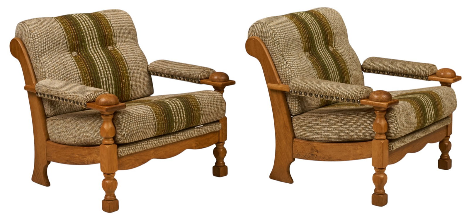 Pair of Henning Kjaernulf Mid-Century Armchairs: Pair of Henning Kjaernulf (Denmark) oak mid-century armchairs, with striped cushions and faceted block legs height 31 in. x width 32 in. x depth 31 in. / each 