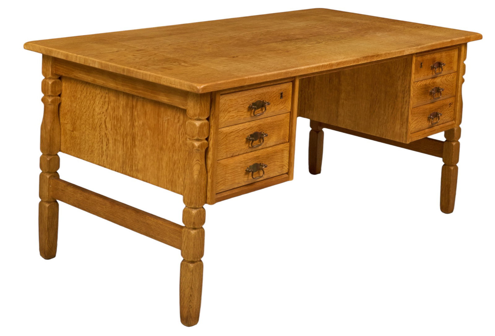 Danish Mid-Century Desk: Danish mid-century kneehole desk with six drawers, and three open shelves on back, supported on carved block legs height 29 in. x width 62 in. x depth 31.5 in. 