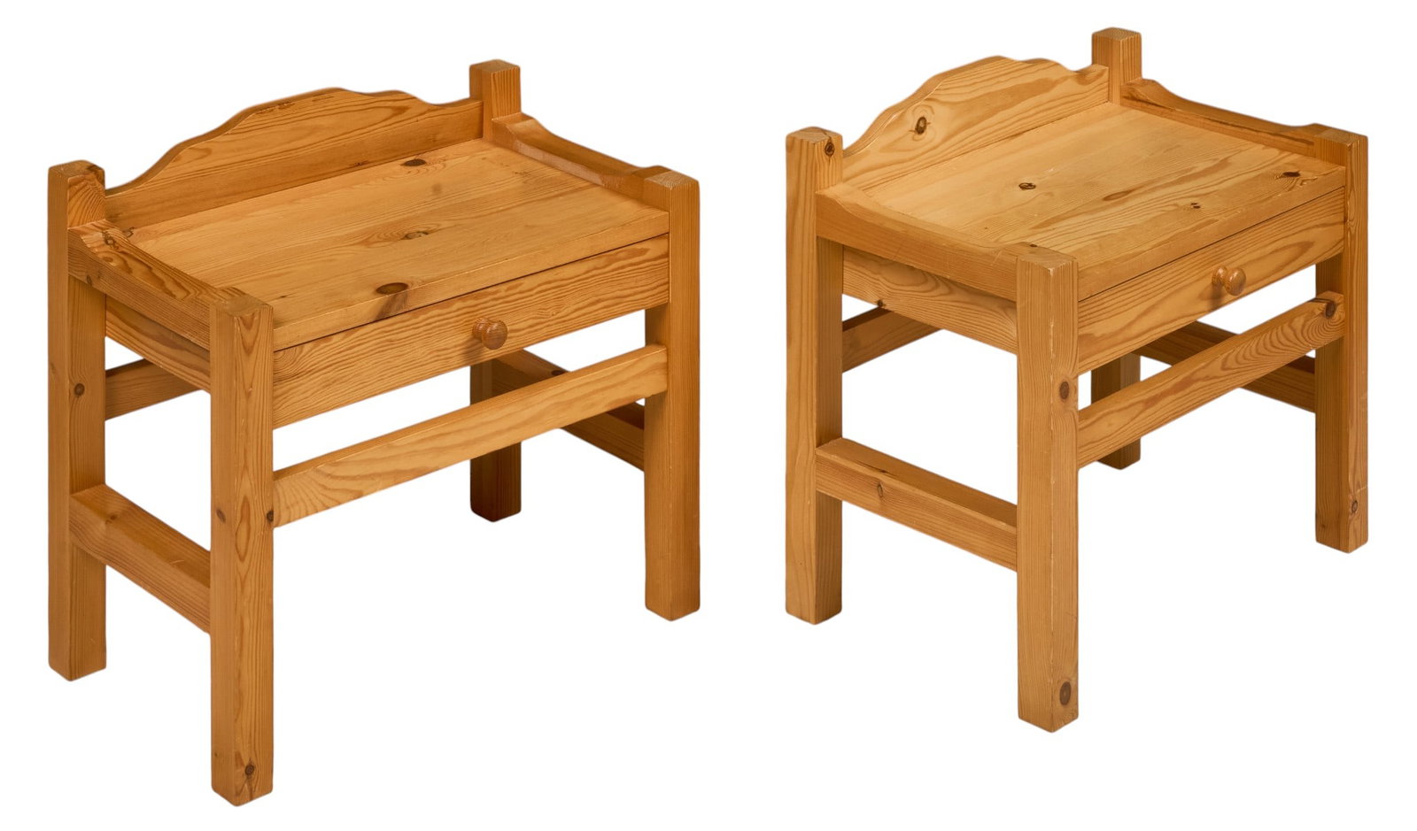 Pair of Danish Mid-Century Nightstands: Pair of Danish mid-century nightstands, each with single drawer, shaped gallery back and stretcher base height 26.5 in. x width 22.5 in. x depth 14 in.