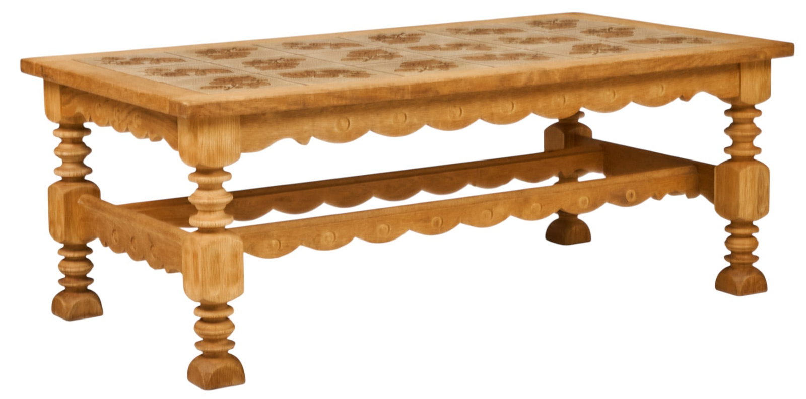 Danish Mid-Century Inlaid Coffee Table: Danish mid-century coffee table decorated with inlaid ceramic tiles featuring foliate motifs, supported on turned legs with scalloped stretchers and apron height 20.5 in. x width 53 in. x depth